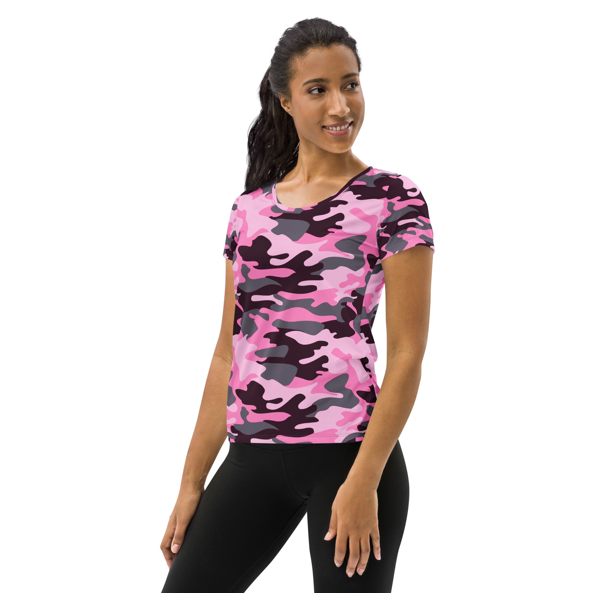 Women’s pink and black camouflage performance athletic t-shirt with short sleeves lightweight moisture wicking fabric