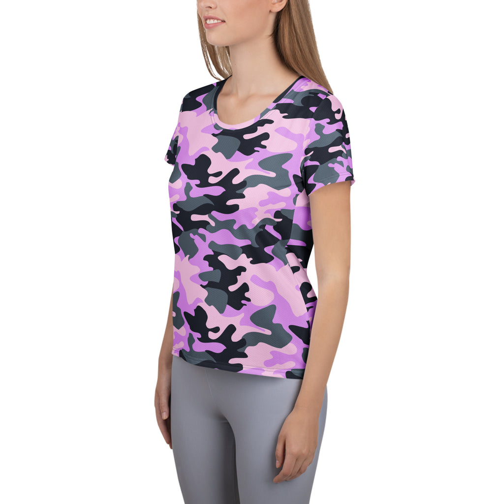 Women’s purple and black camouflage short-sleeved performance t-shirt with lightweight moisture wicking fabric and UPF 50+ protection