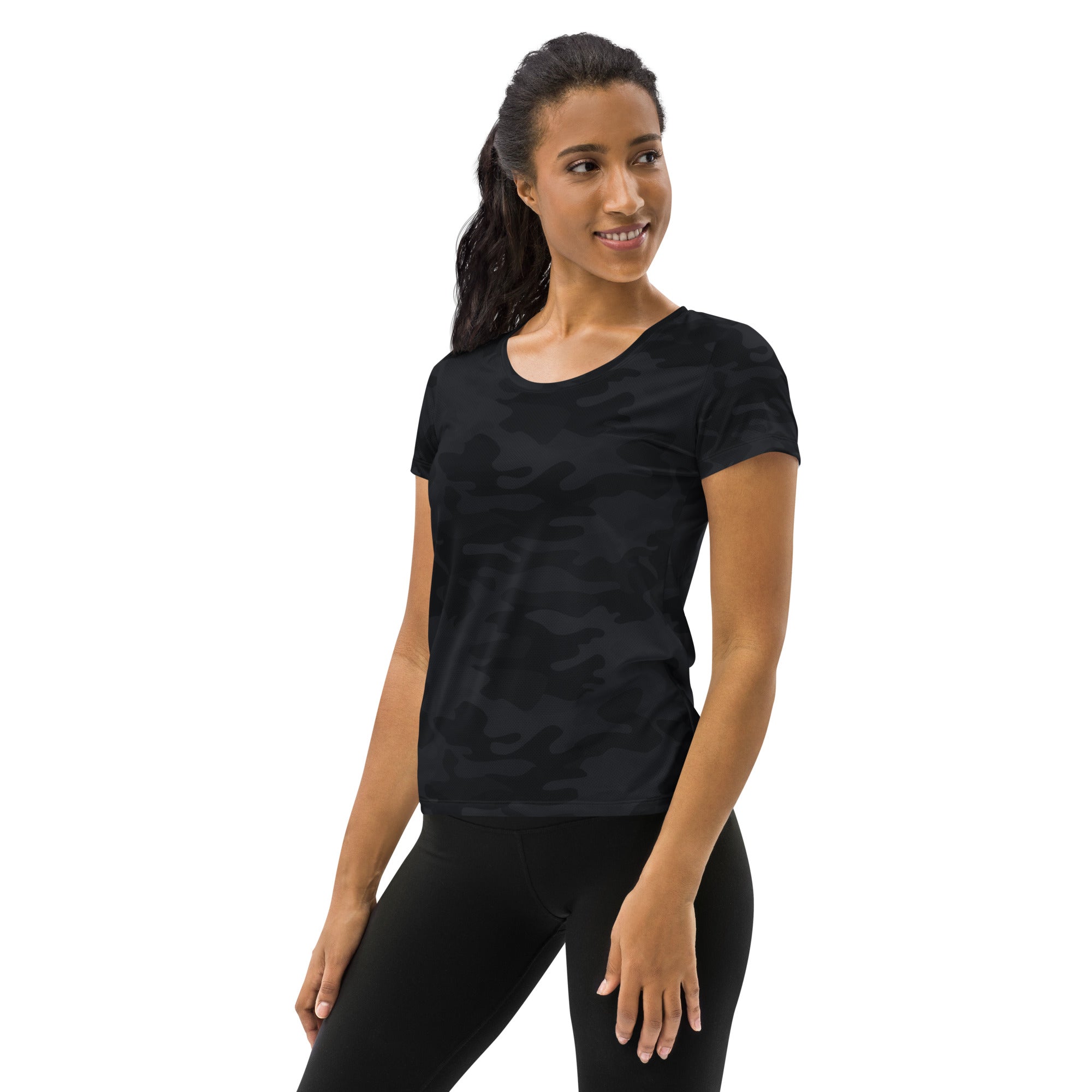 Women’s black camouflage performance athletic t-shirt with short sleeves lightweight moisture wicking fabric