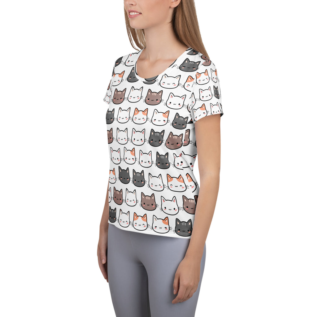 Women’s white short-sleeved cat pattern performance athletic t-shirt with moisture wicking and upf 50+ protection