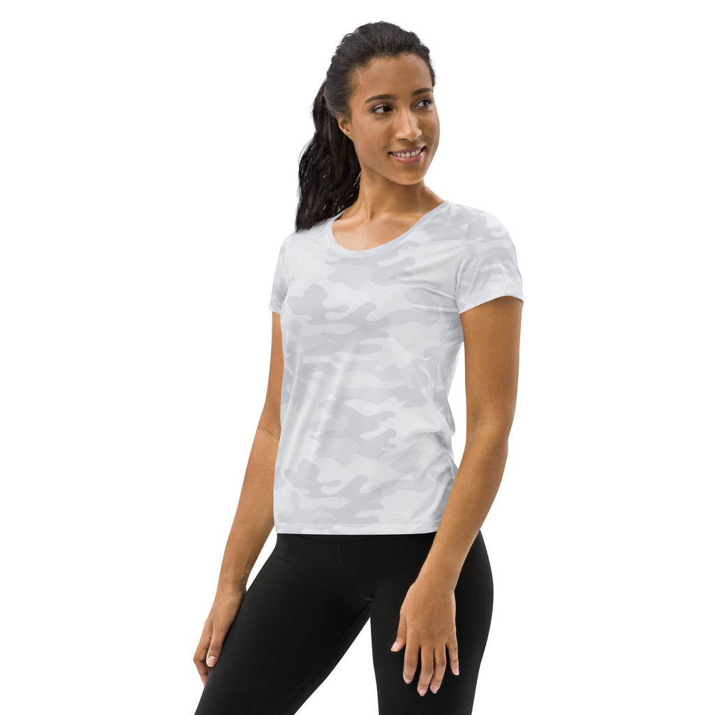Women’s white camouflage performance athletic t-shirt with short sleeves lightweight moisture wicking fabric