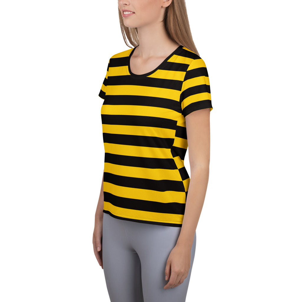 Women’s bumblebee stripe performance athletic t-shirt in yellow and black with moisture wicking fabric and upf 50+ protection