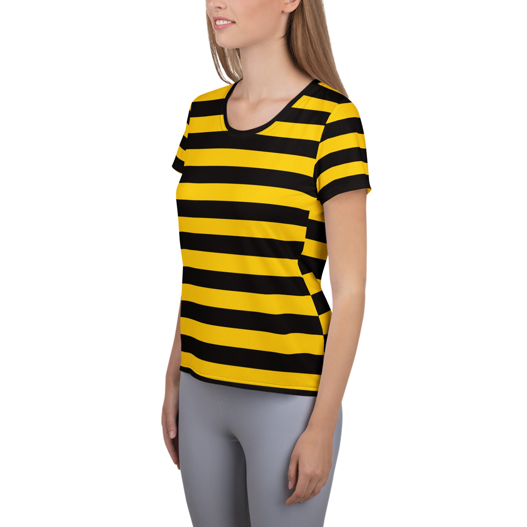 Women’s bumblebee stripe performance athletic t-shirt in yellow and black with moisture wicking fabric and upf 50+ protection