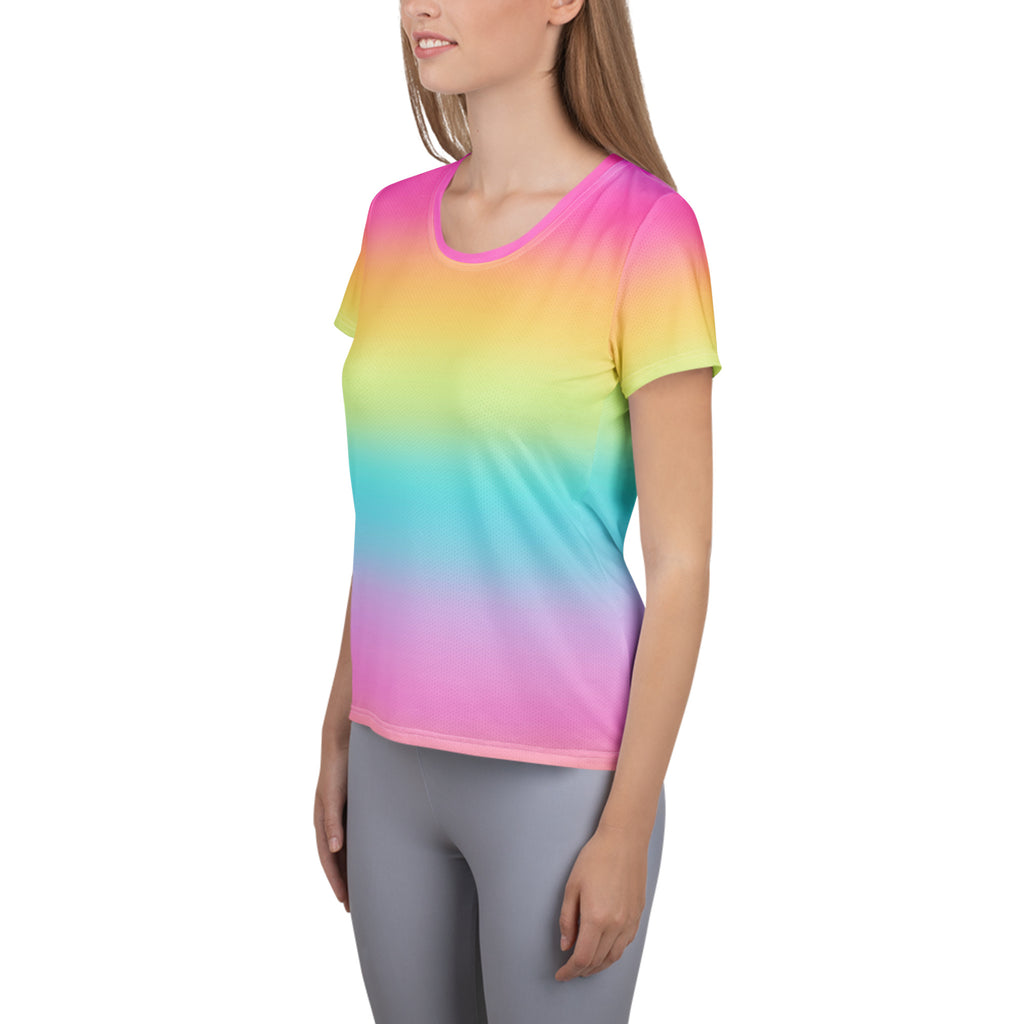 Women’s bright rainbow performance athletic t-shirt with short sleeves, moisture wicking fabric, and UPF 50+ protection