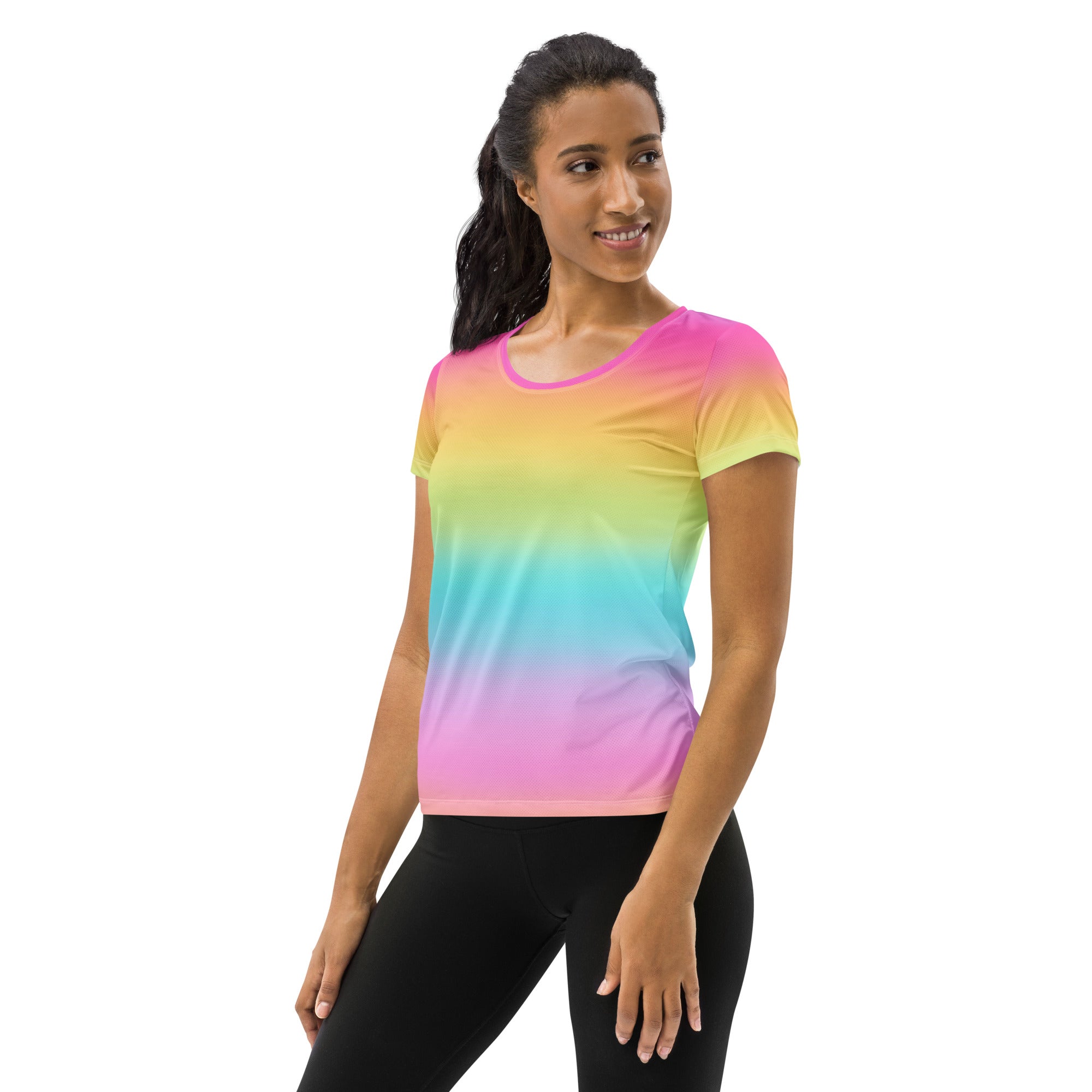 Women’s bright rainbow performance short-sleeve t-shirt with soft gradient pink yellow blue lightweight moisture wicking fabric