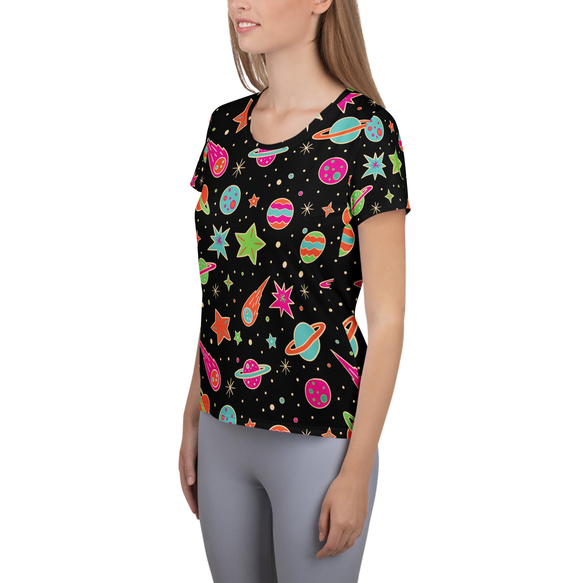 Black short-sleeved women’s retro galaxy performance athletic t-shirt with colorful space pattern and UPF 50+ moisture wicking fabric