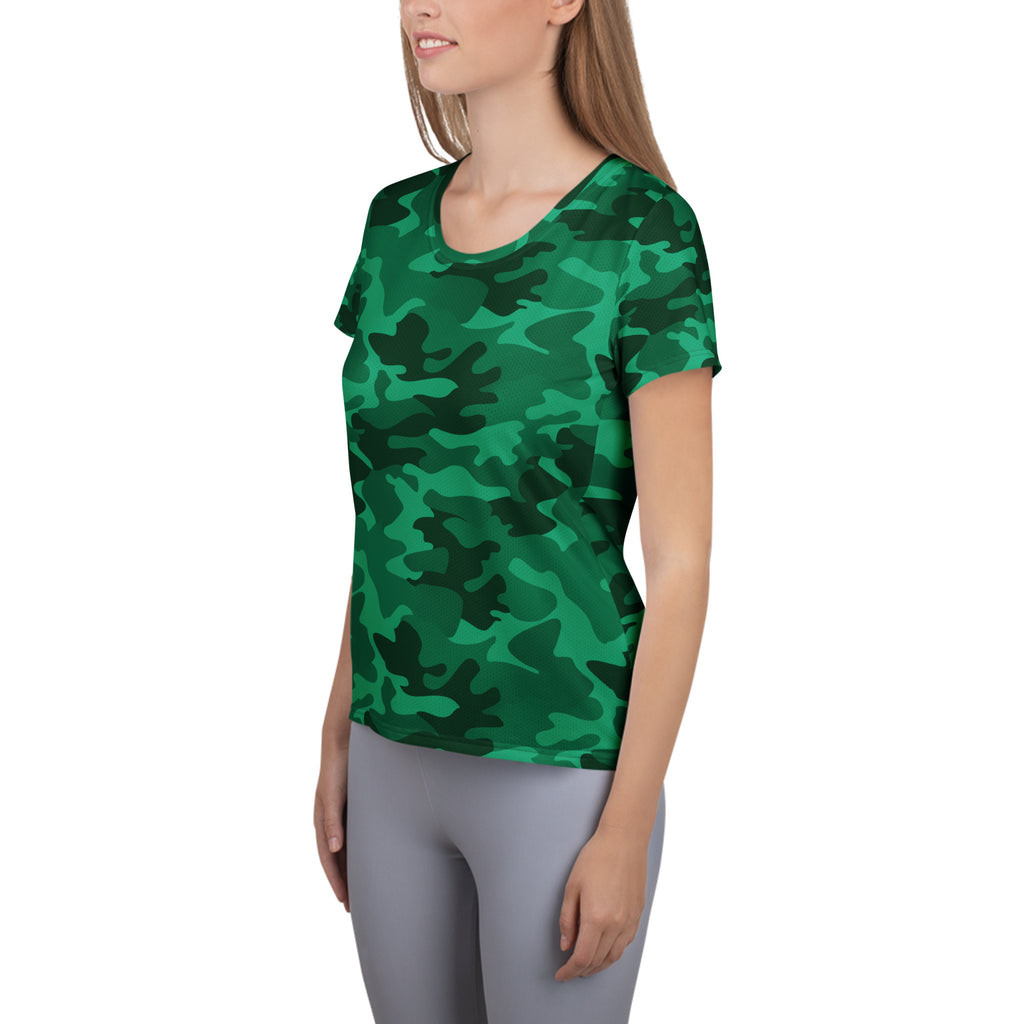 Women’s green camouflage short-sleeved athletic t-shirt with lightweight moisture-wicking fabric and UPF 50 plus protection