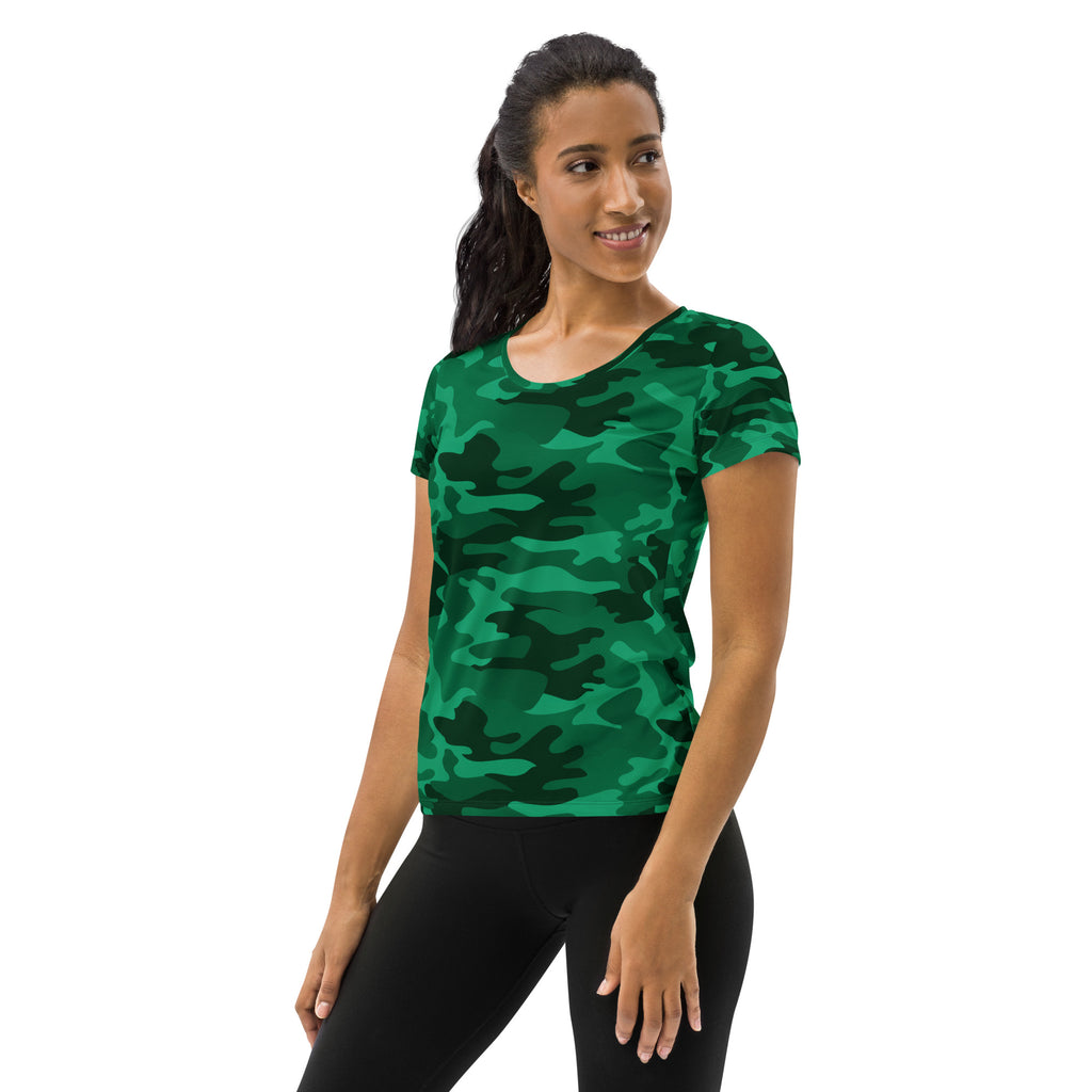 Women’s green camouflage short-sleeved performance athletic t-shirt with lightweight moisture wicking fabric and upf 50+ protection