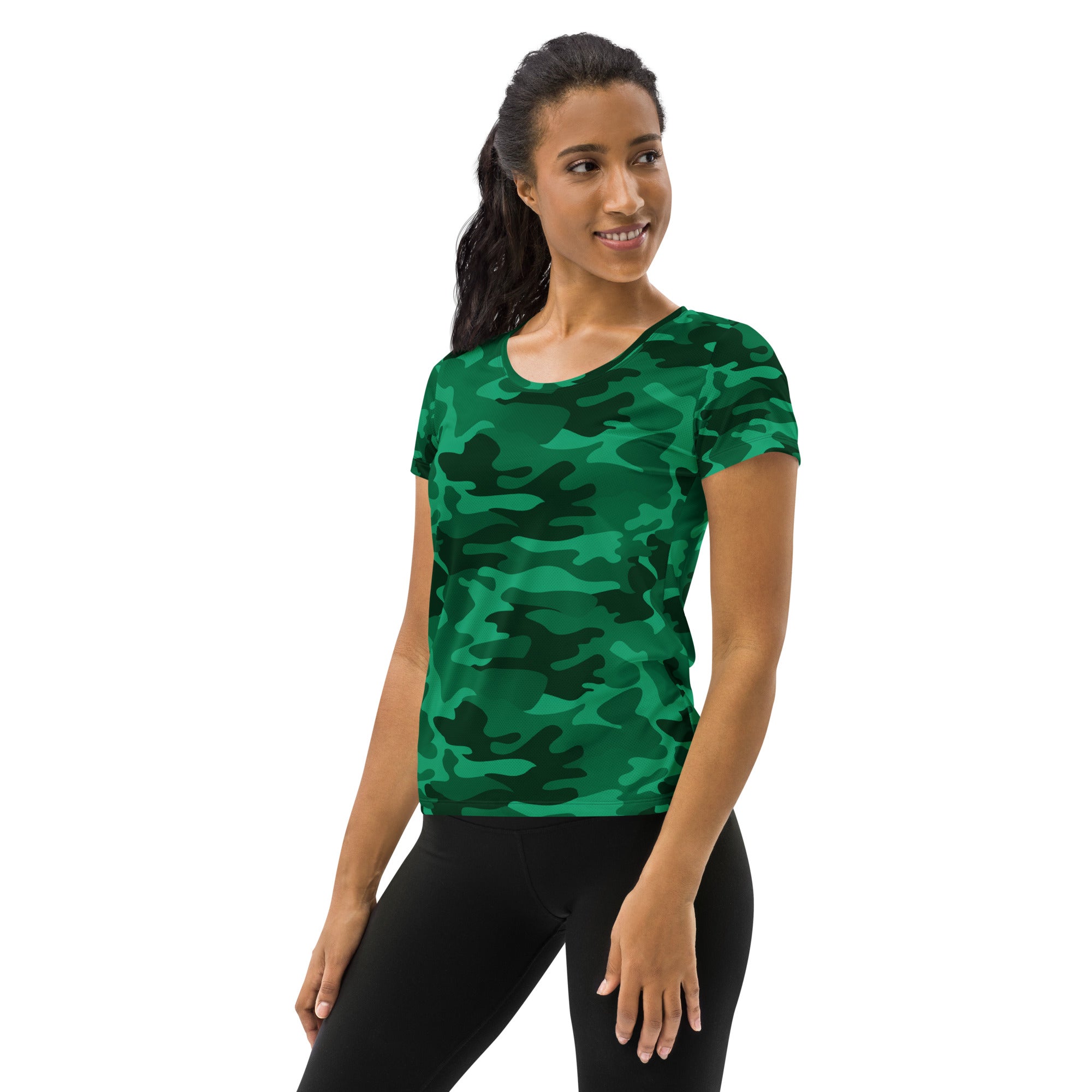 Women’s green camouflage short-sleeved performance athletic t-shirt with lightweight moisture wicking fabric and upf 50+ protection