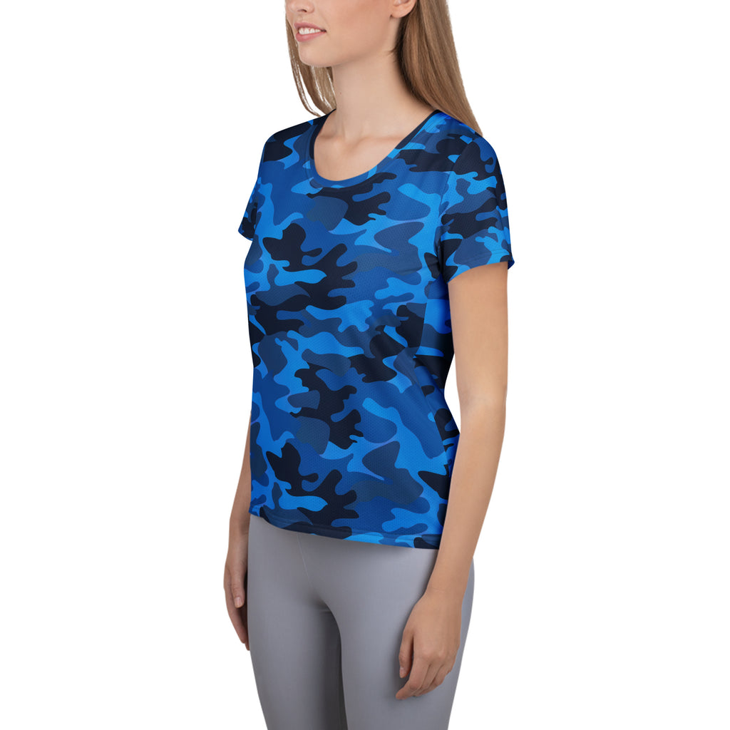 Women’s blue and black camouflage performance athletic t-shirt with short sleeves lightweight moisture wicking fabric