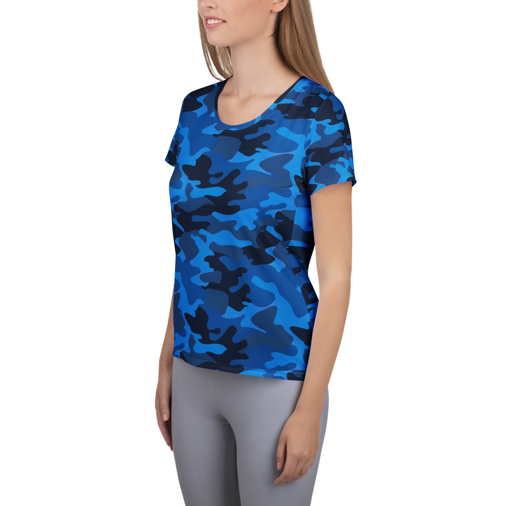 Women’s blue and black camouflage performance athletic t-shirt with short sleeves lightweight moisture wicking fabric