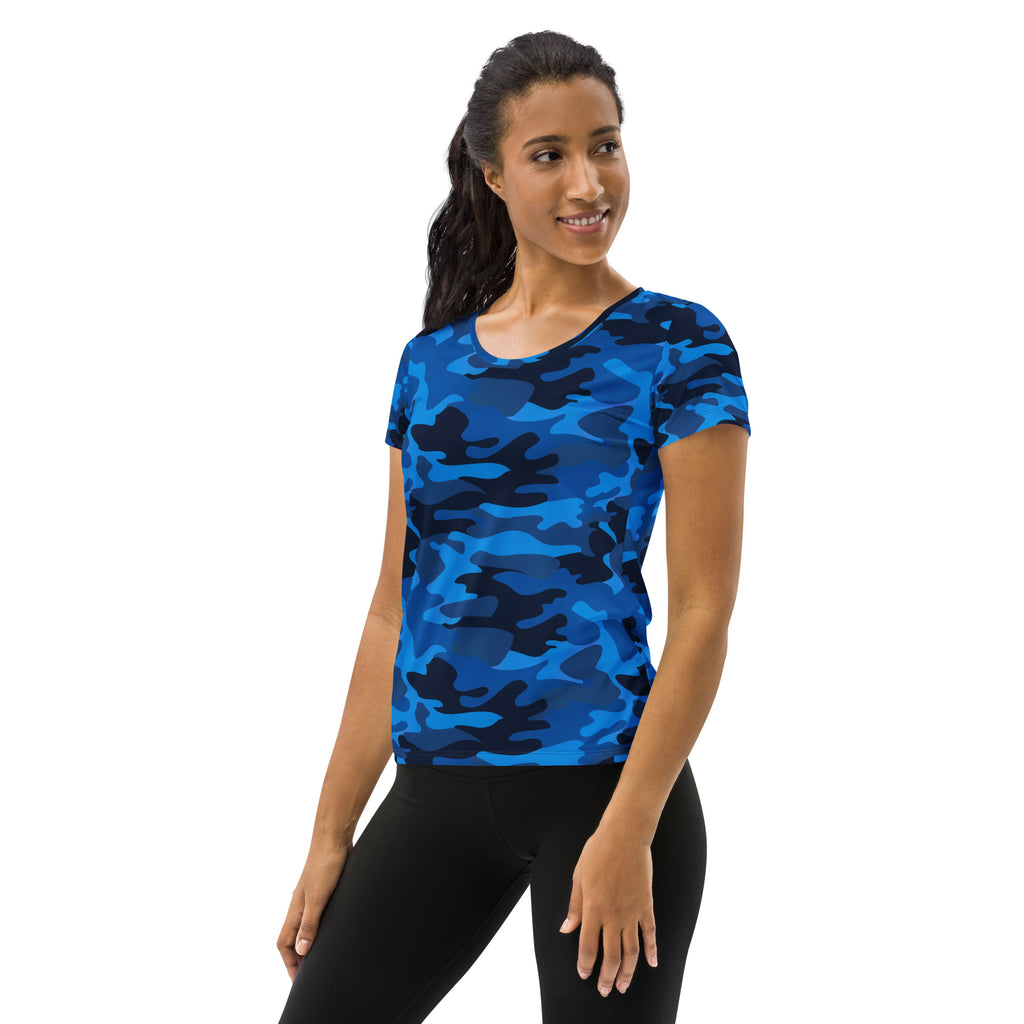 Women’s blue camouflage short-sleeved athletic t-shirt with lightweight moisture wicking fabric and UPF 50 plus protection