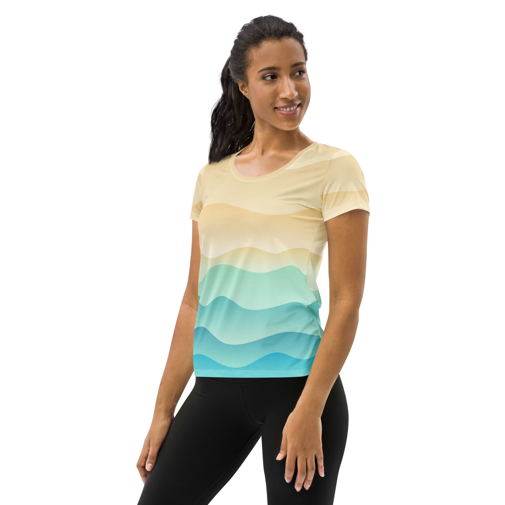 Women’s short-sleeved performance athletic t-shirt with gradient wavy stripes from pale yellow to turquoise and upf 50+