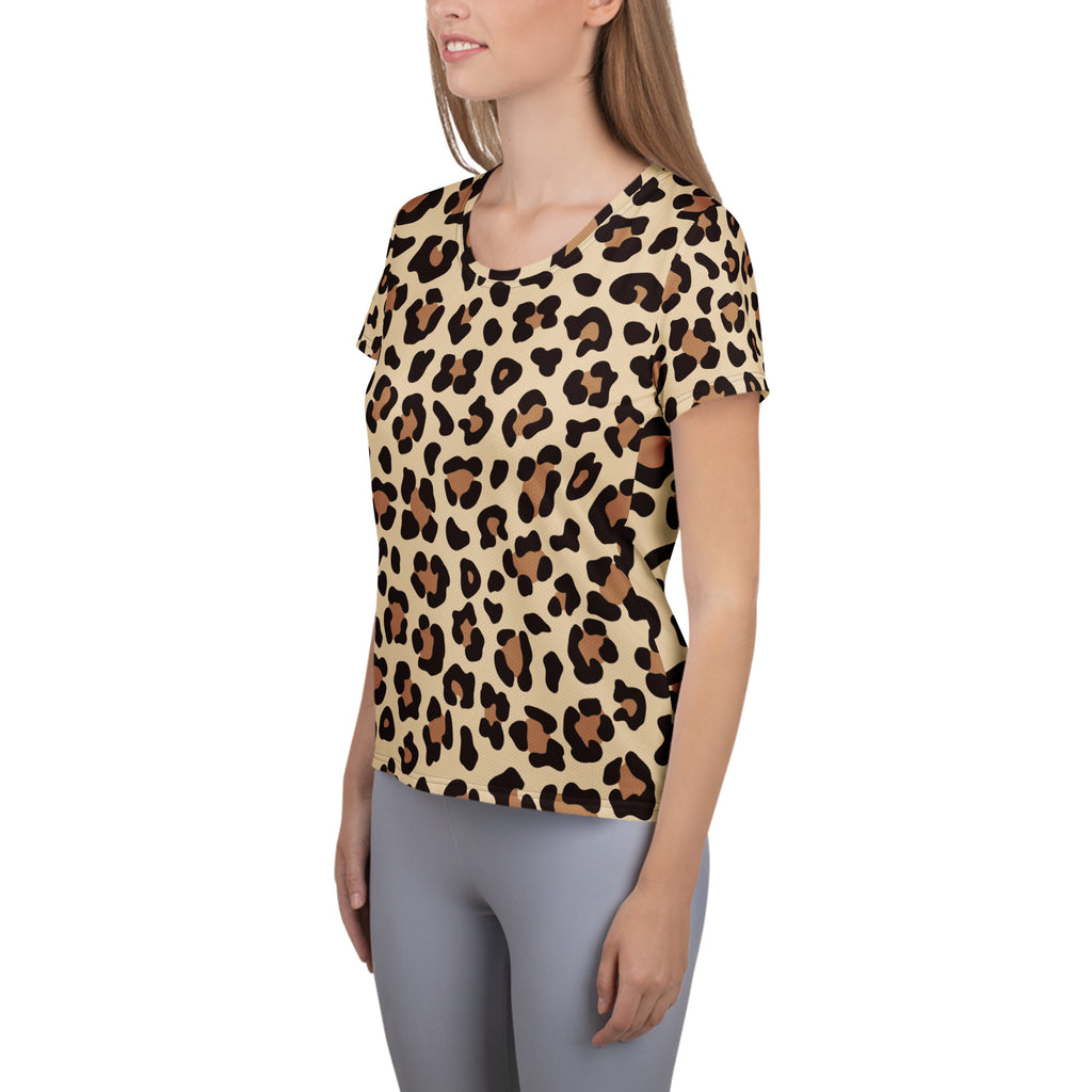 Beige leopard print performance athletic t-shirt with black and brown spots lightweight moisture wicking workout top