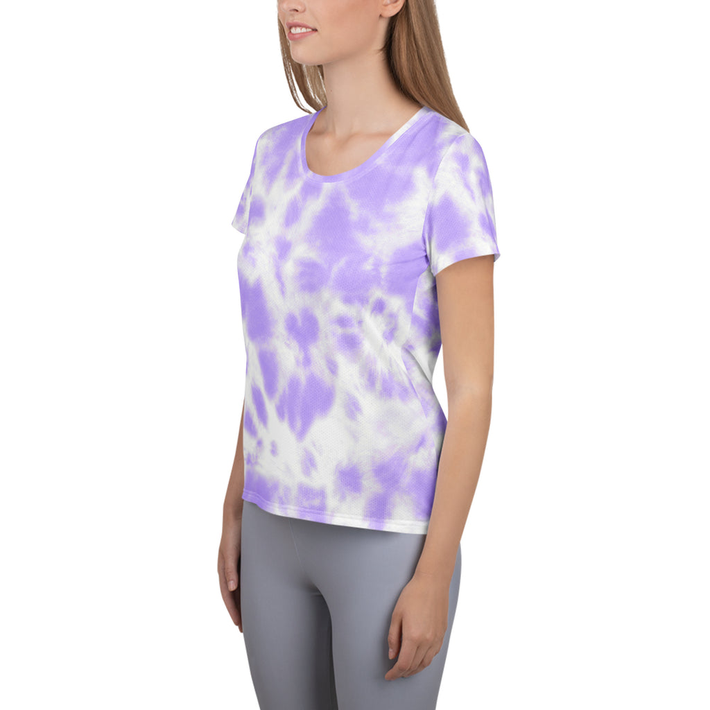 Women’s purple lavender and white tie dye performance athletic t-shirt with rounded neckline lightweight moisture wicking