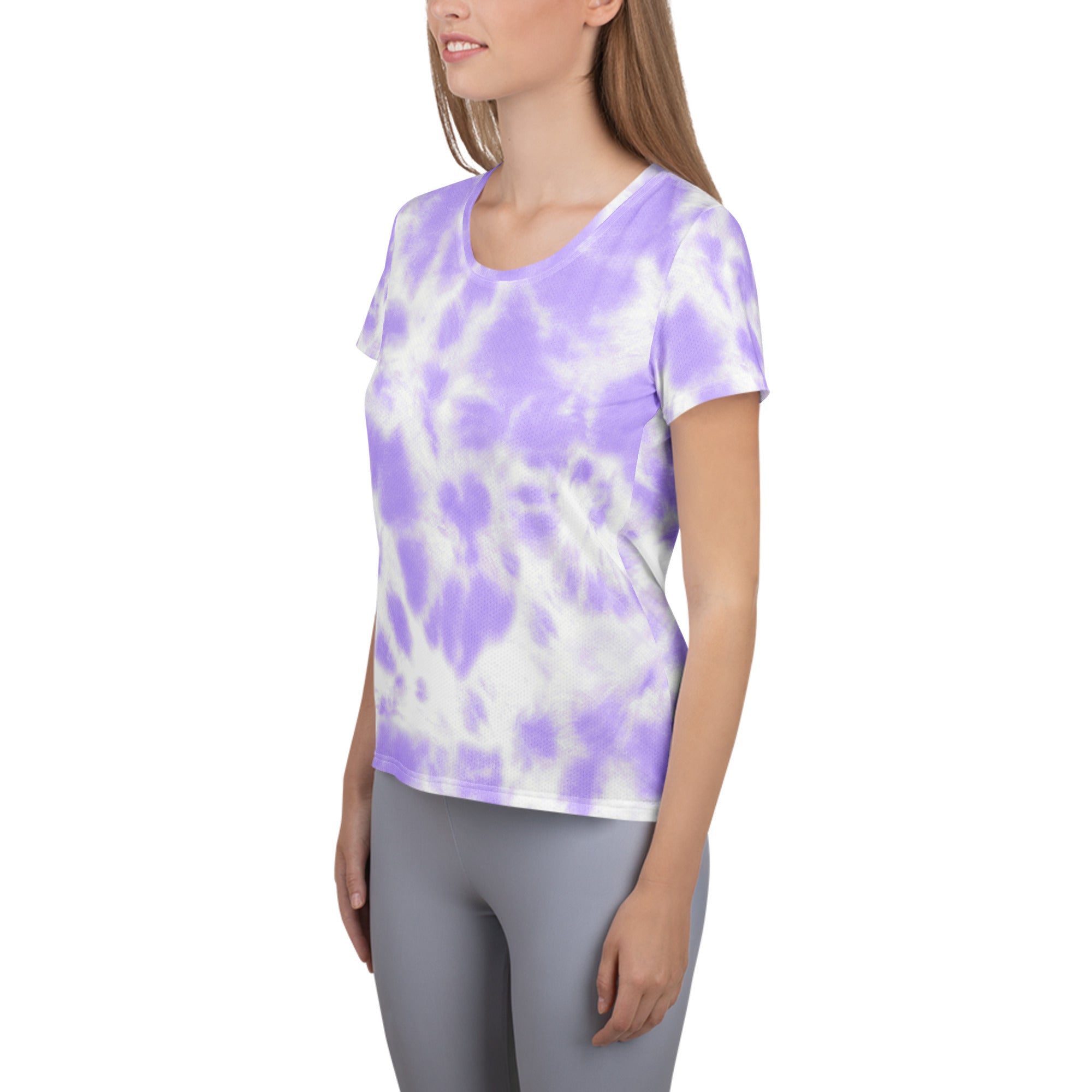 Women’s purple lavender and white tie dye performance athletic t-shirt with rounded neckline lightweight moisture wicking