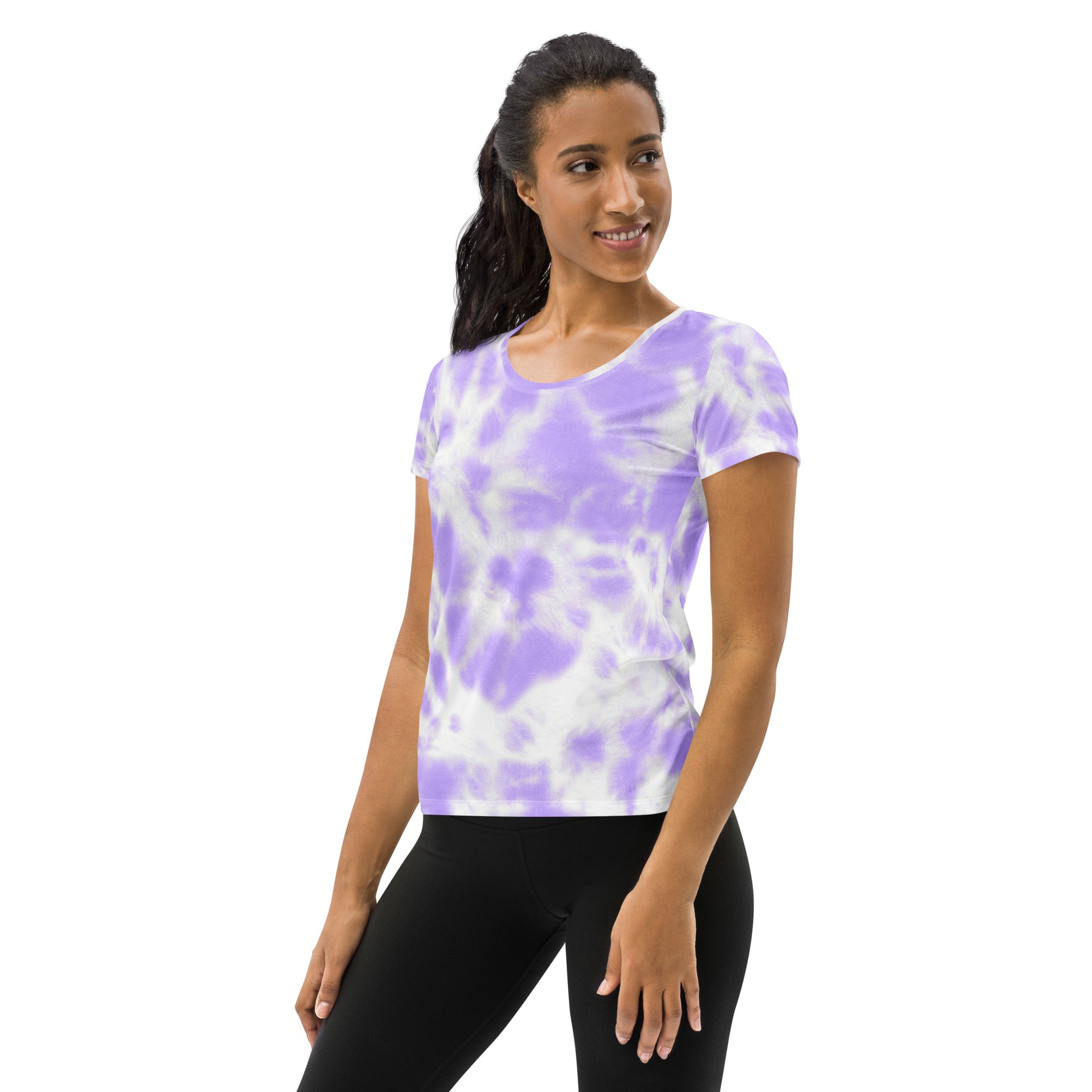 A lavender and white tie dye lightweight moisture wicking athletic t shirt with round neckline and UPF 50 plus protection