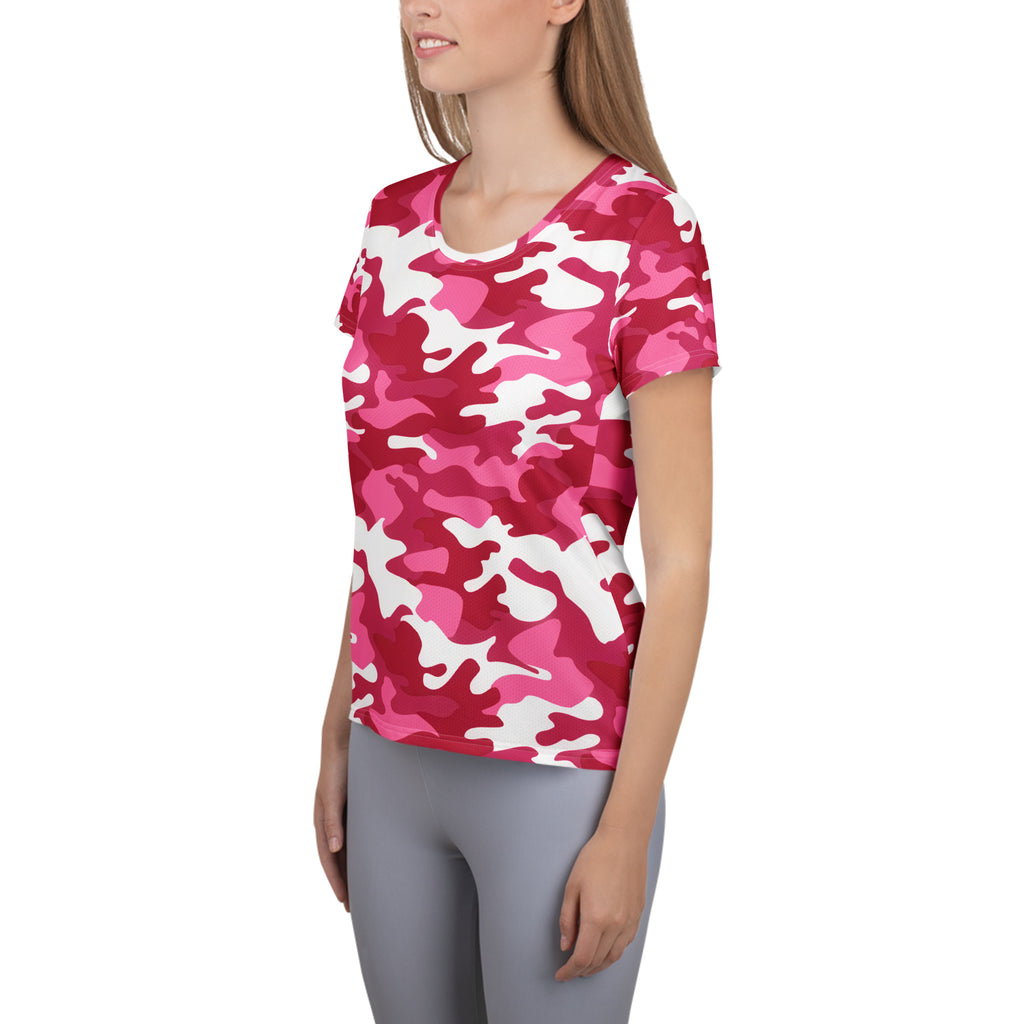 Women’s bright pink and white camouflage lightweight moisture wicking performance athletic t-shirt with UPF 50+