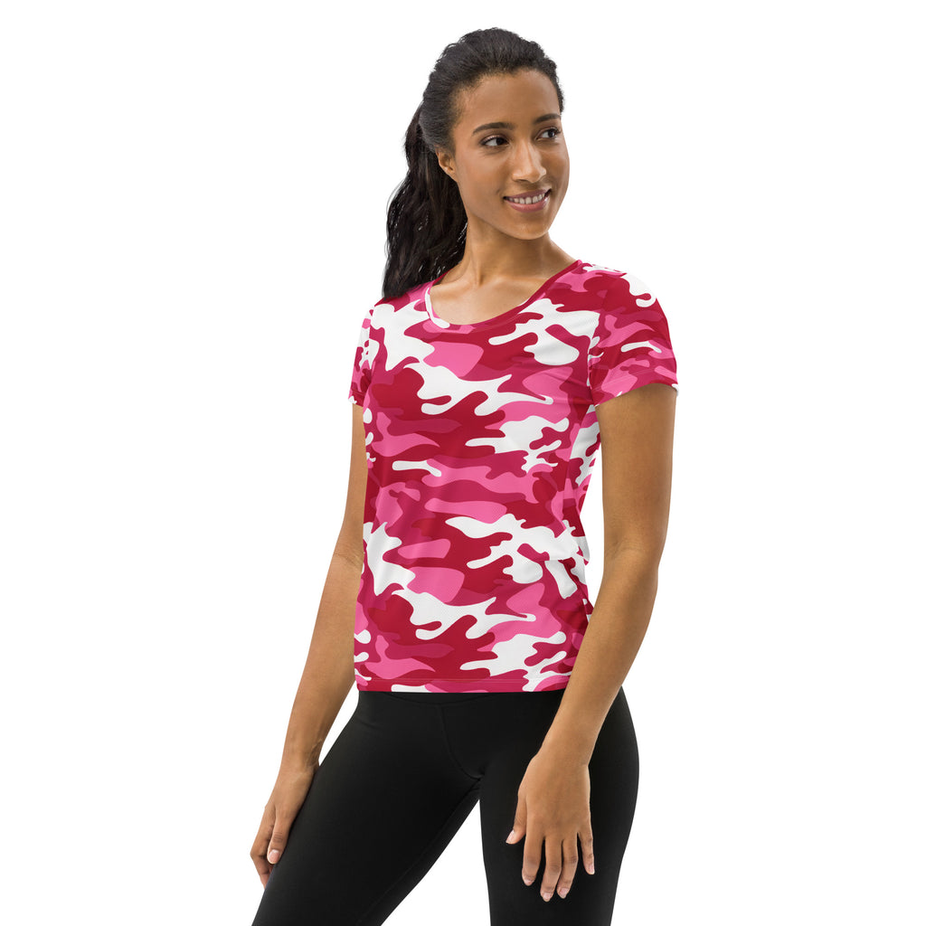 Women’s bright pink and white camouflage performance athletic t-shirt with short sleeves lightweight moisture wicking and upf 50+
