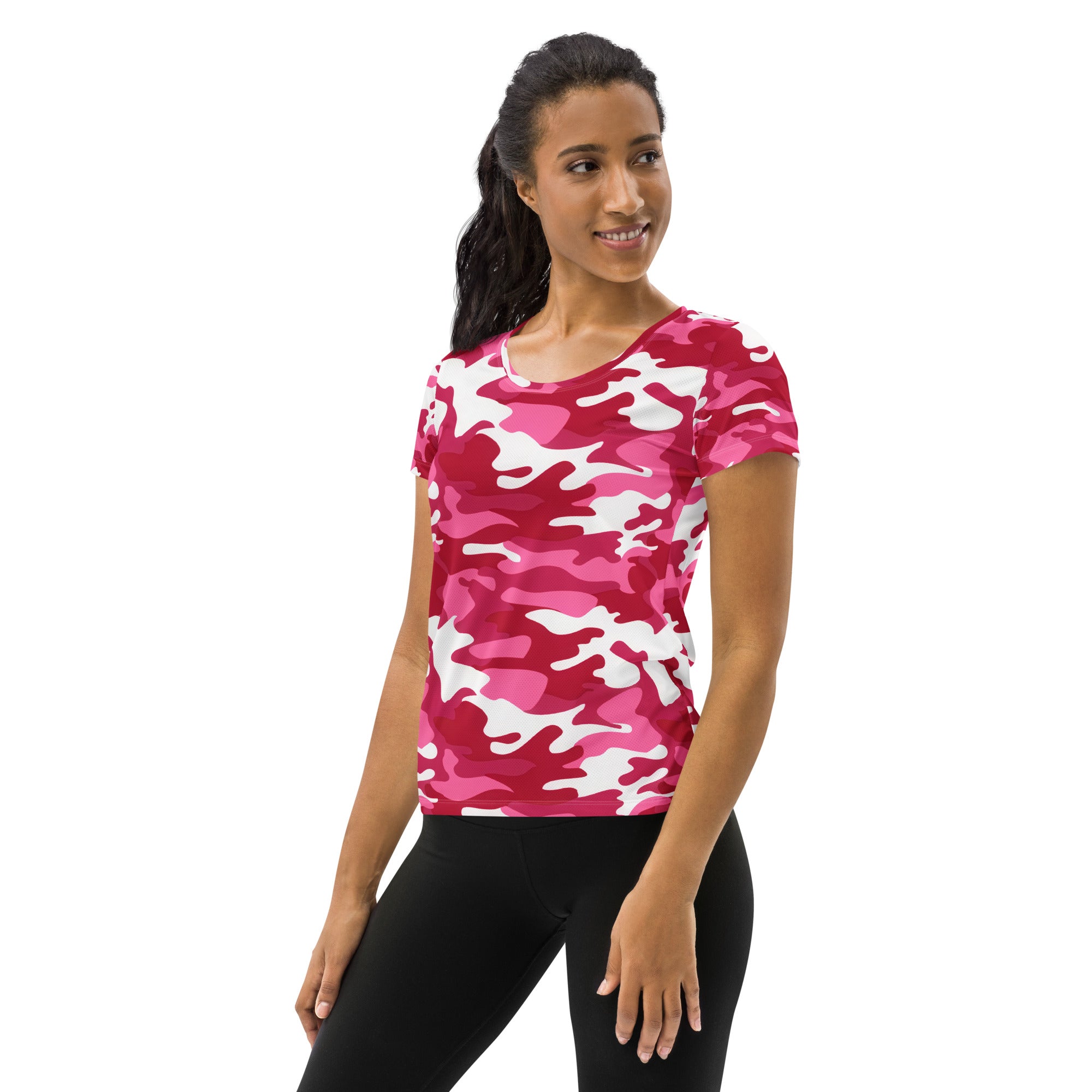 Women’s bright pink and white camouflage performance athletic t-shirt with short sleeves lightweight moisture wicking and upf 50+