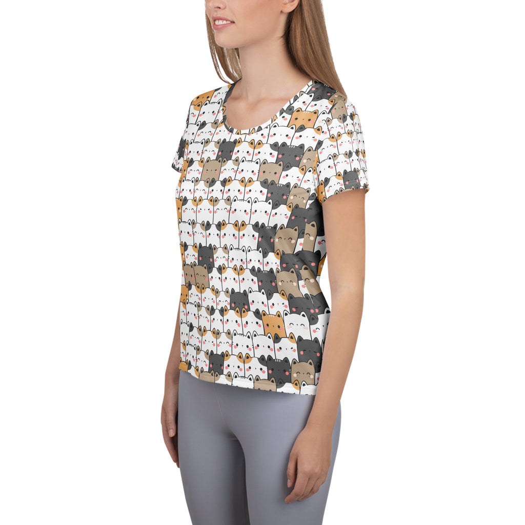 White short-sleeved kawaii cat performance t-shirt with colorful cartoon cats lightweight moisture wicking upf 50+