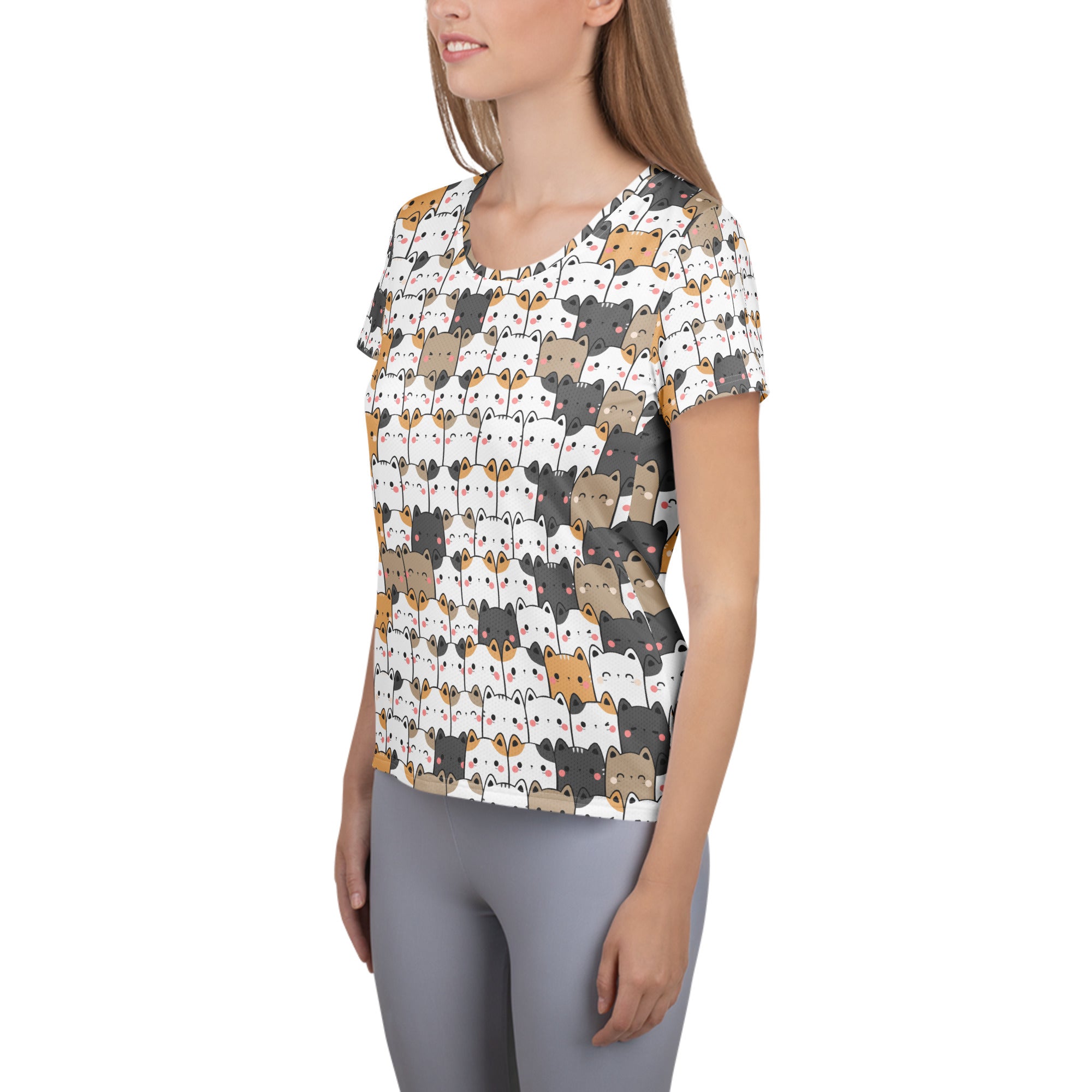 White short-sleeved kawaii cat performance t-shirt with colorful cartoon cats lightweight moisture wicking upf 50+