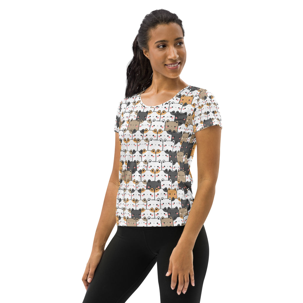 White short-sleeved kawaii cat performance t-shirt with moisture wicking fabric and upf 50 plus for women