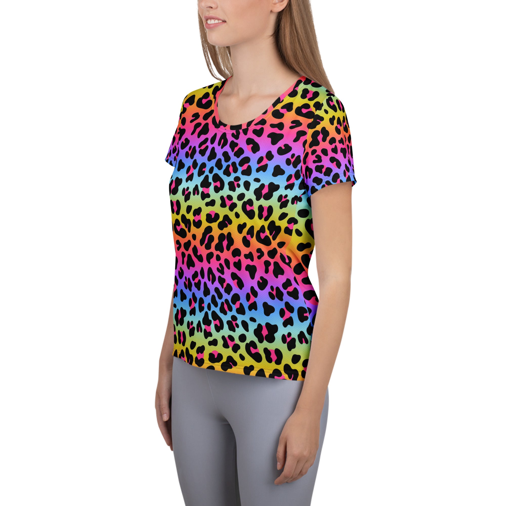 Women’s lightweight moisture wicking rainbow leopard print short-sleeved athletic t-shirt with UPF 50+