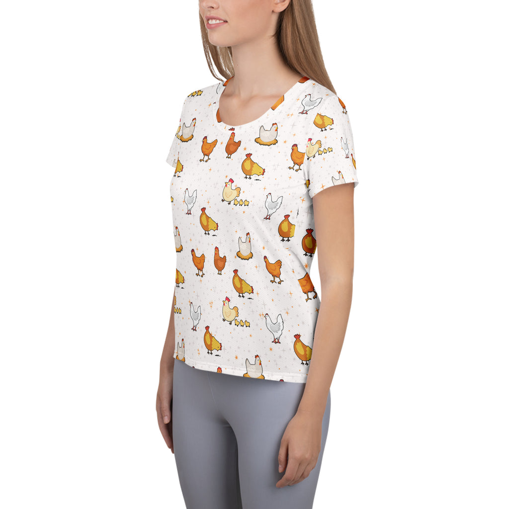 White short-sleeved women’s chicken performance athletic t-shirt with orange yellow cartoon chickens lightweight moisture wicking upf 50+