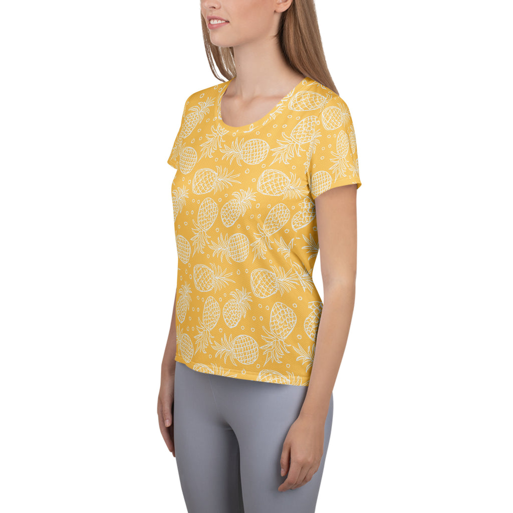 Women’s yellow performance athletic t-shirt with white pineapple prints lightweight moisture wicking workout top upf 50+
