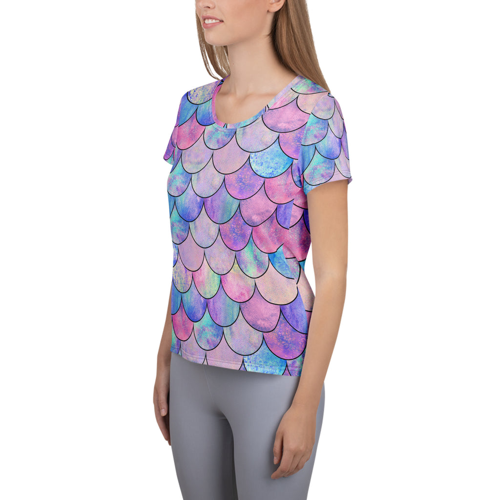 Women’s pastel mermaid performance athletic t-shirt with iridescent pink purple blue scale pattern lightweight moisture wicking