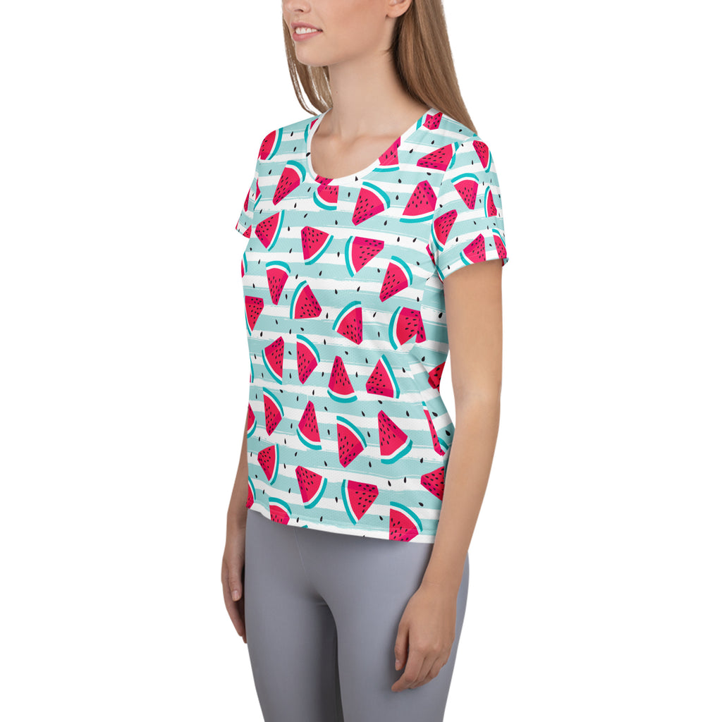 A lightweight women’s watermelon stripe performance athletic t-shirt with pink watermelon print and UPF 50+ protection