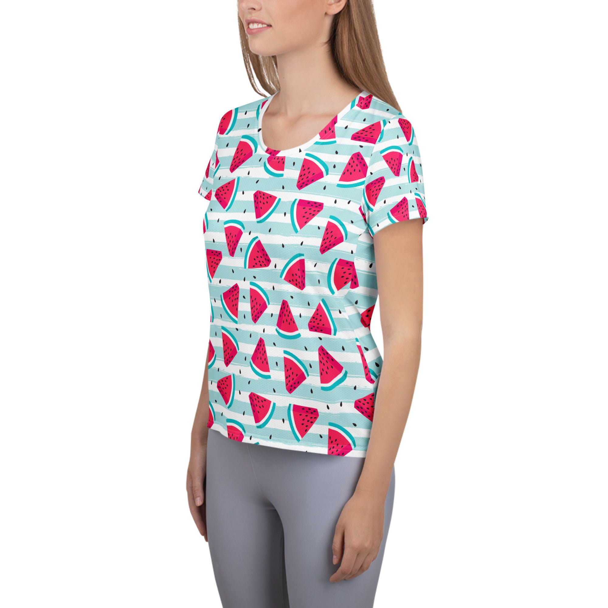 A lightweight women’s watermelon stripe performance athletic t-shirt with pink watermelon print and UPF 50+ protection