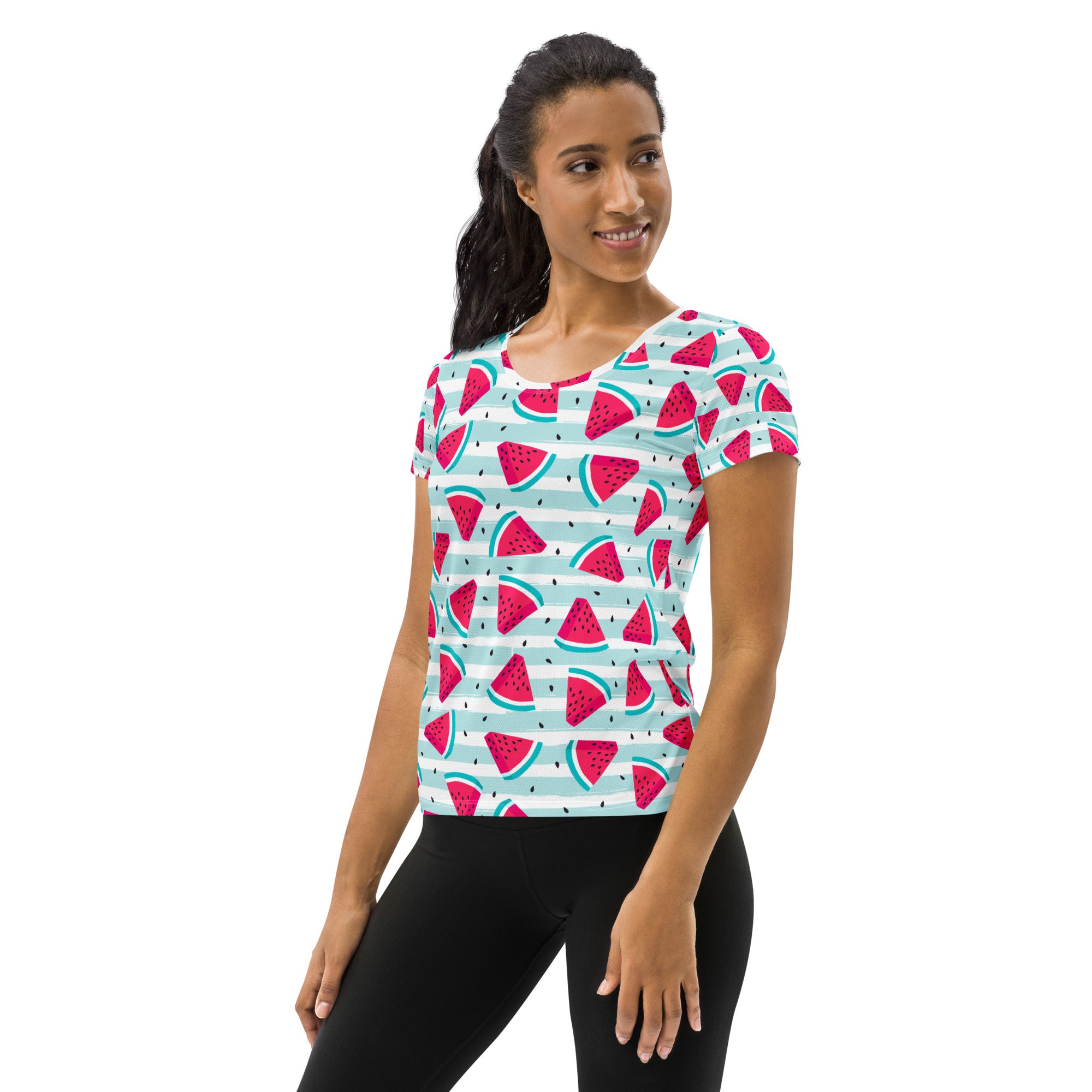 Women’s lightweight moisture-wicking watermelon stripe performance t-shirt with upf 50+ and playful red watermelon pattern