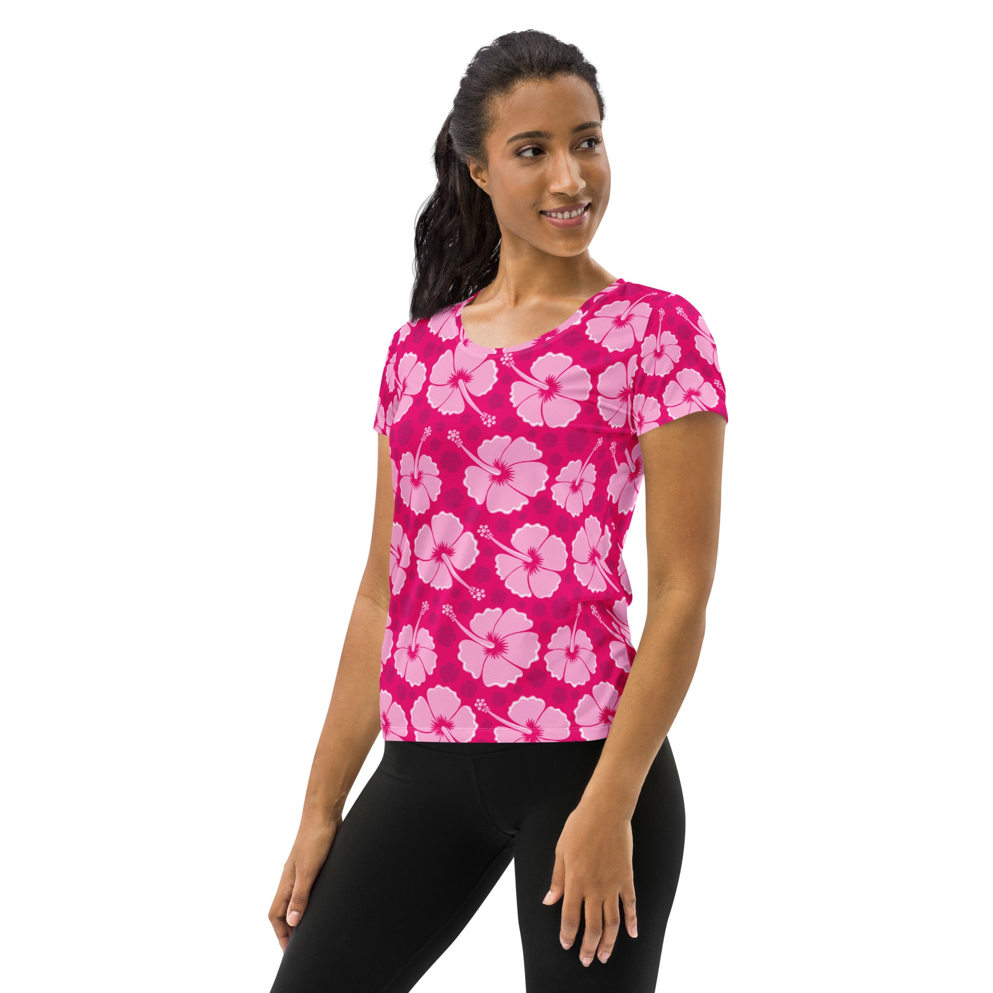 Women’s pink hibiscus performance athletic t-shirt with short sleeves lightweight moisture wicking fabric