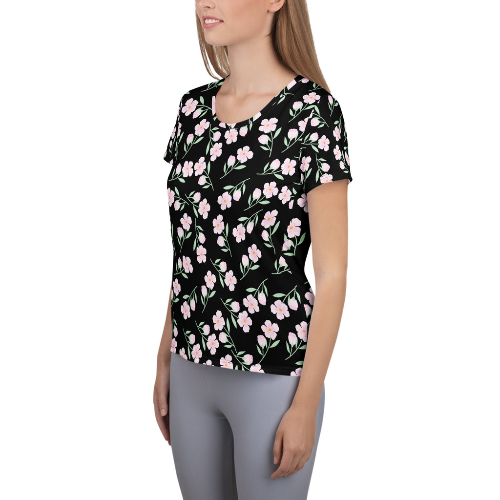 Women’s black short-sleeved floral performance athletic t-shirt with pink flowers green stems lightweight moisture wicking