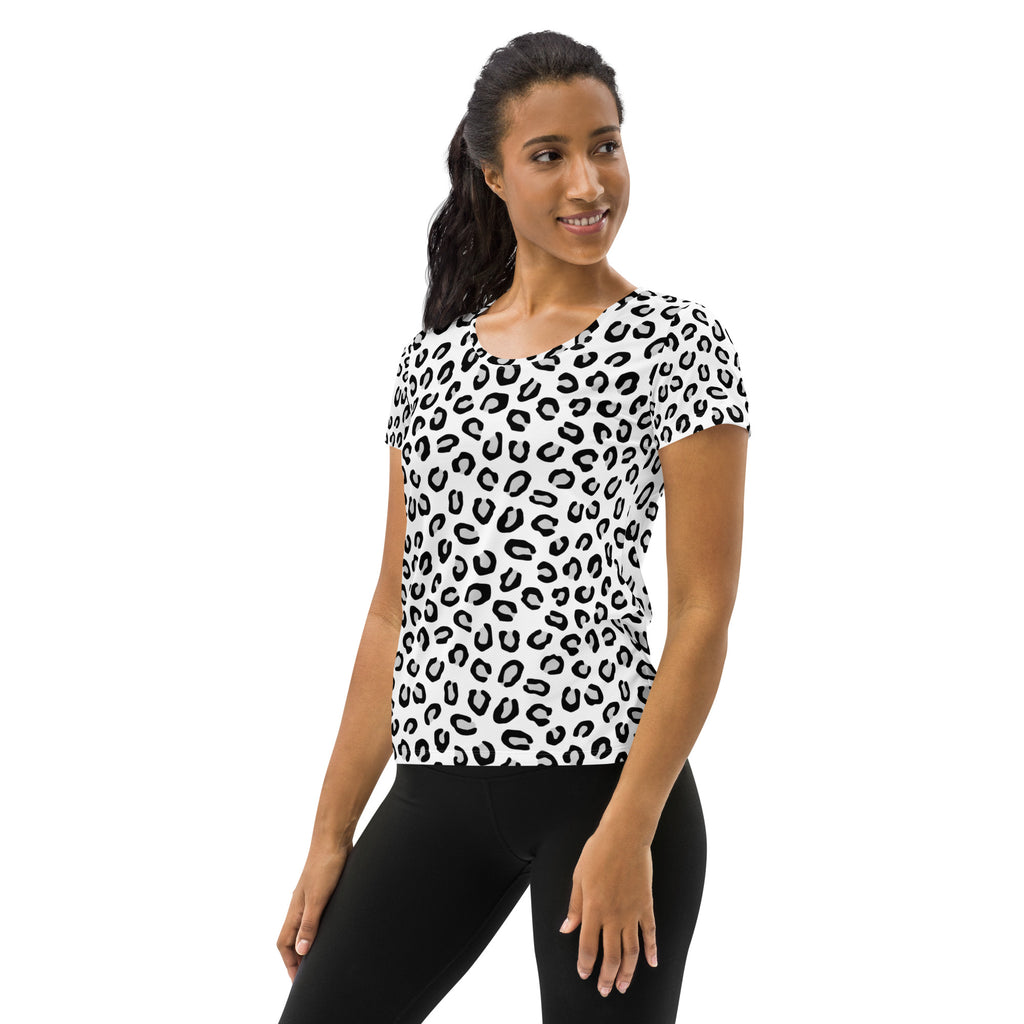 Women’s black and white leopard print performance athletic t-shirt with short sleeves moisture wicking fabric and UPF 50+