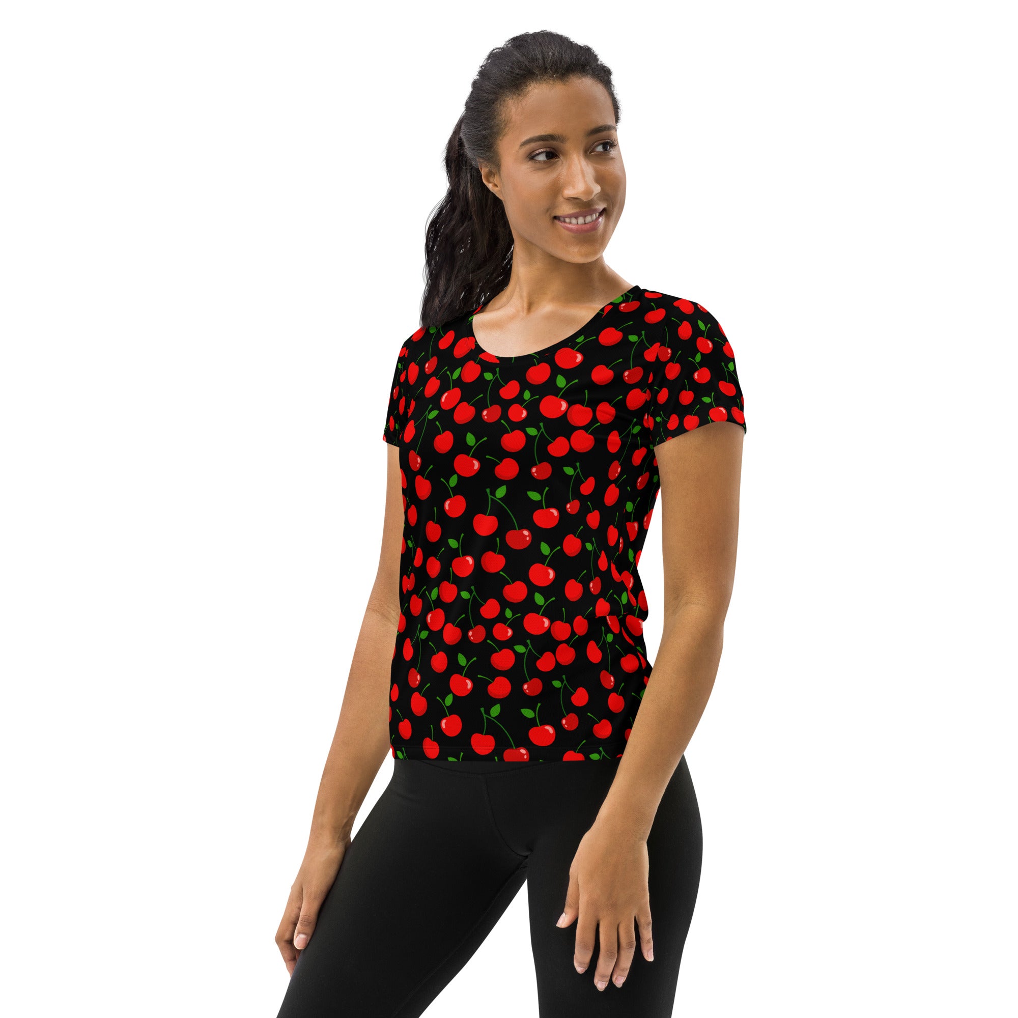 Black short-sleeved performance athletic t-shirt with vibrant red cherry pattern lightweight moisture wicking upf 50+