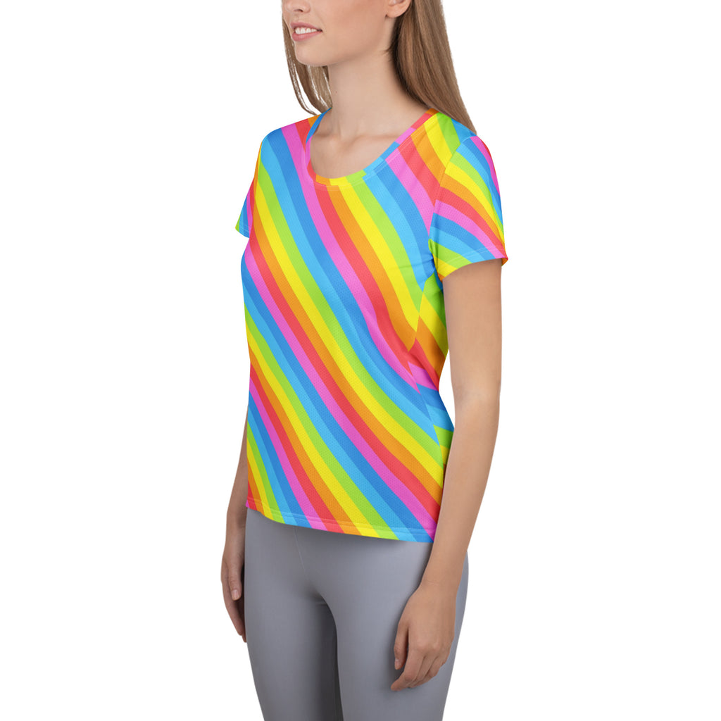 Women’s rainbow stripe performance athletic t shirt with diagonal pink yellow blue and green stripes lightweight moisture wicking