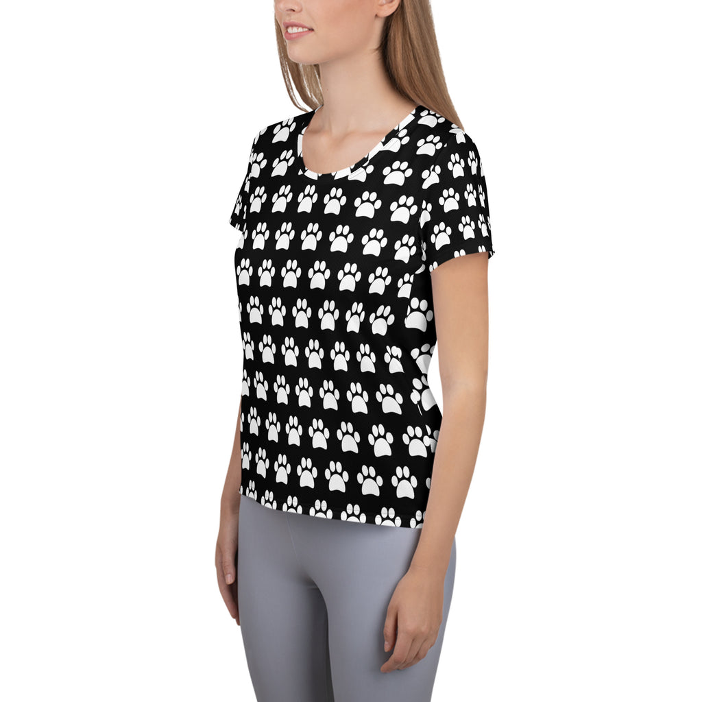 Women’s black short-sleeved paw print performance t-shirt with lightweight moisture wicking fabric and UPF 50+ protection