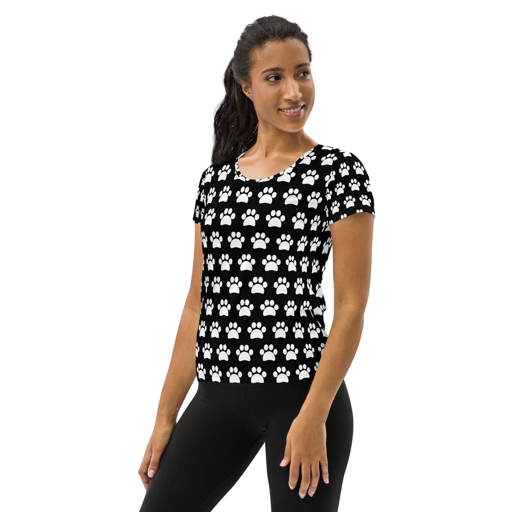 Women’s black short-sleeved performance athletic t-shirt with white paw print pattern lightweight moisture wicking top