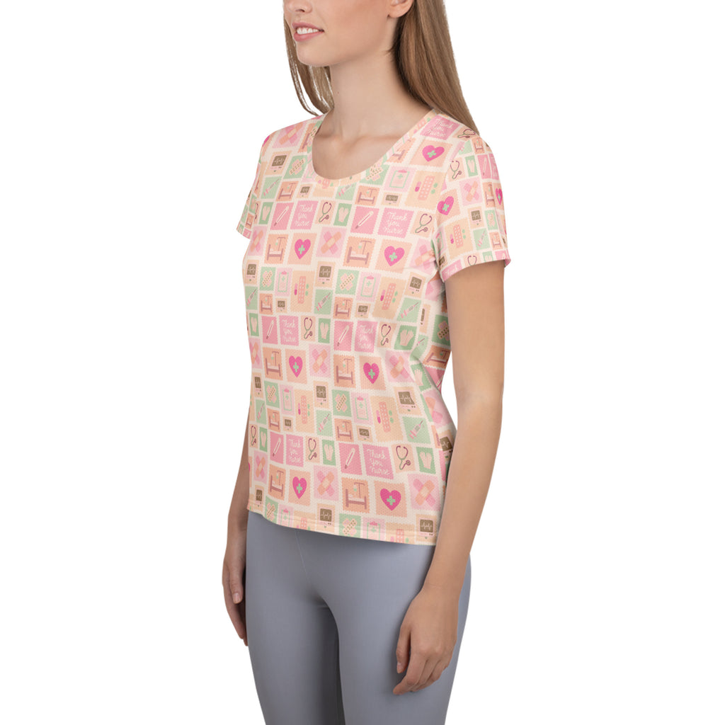 Women’s lightweight soft pink and mint green nurse icon performance t-shirt with moisture wicking and UPF 50+ protection