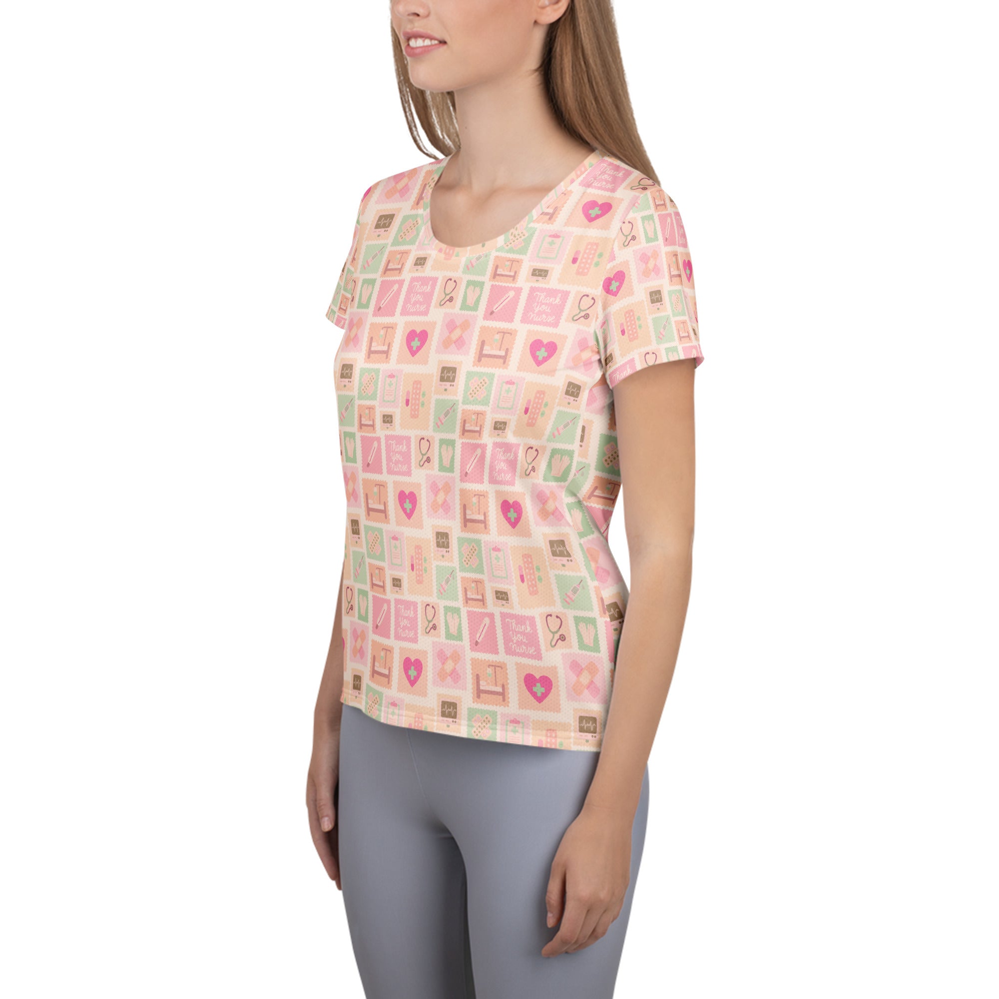 Women’s lightweight soft pink and mint green nurse icon performance t-shirt with moisture wicking and UPF 50+ protection