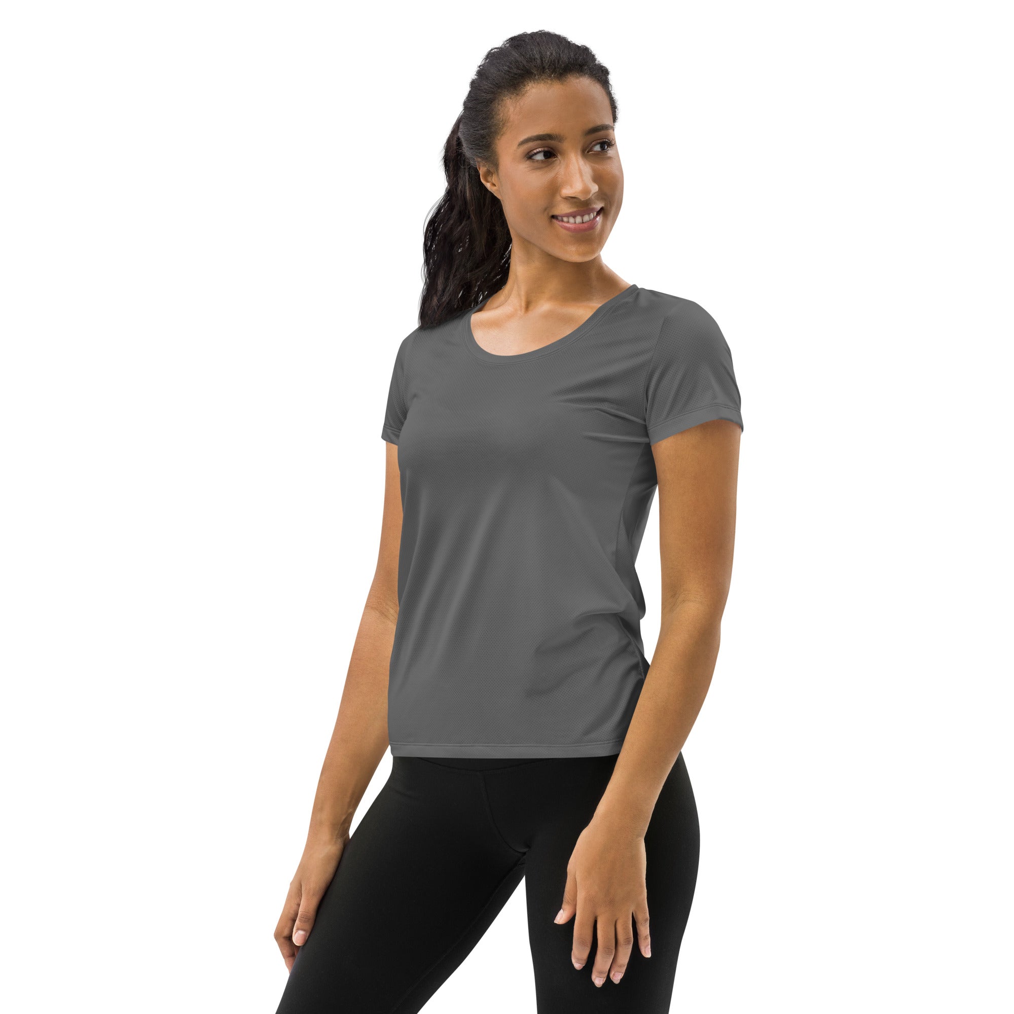 Women’s gray short-sleeved performance athletic t-shirt with rounded neckline lightweight moisture wicking fabric