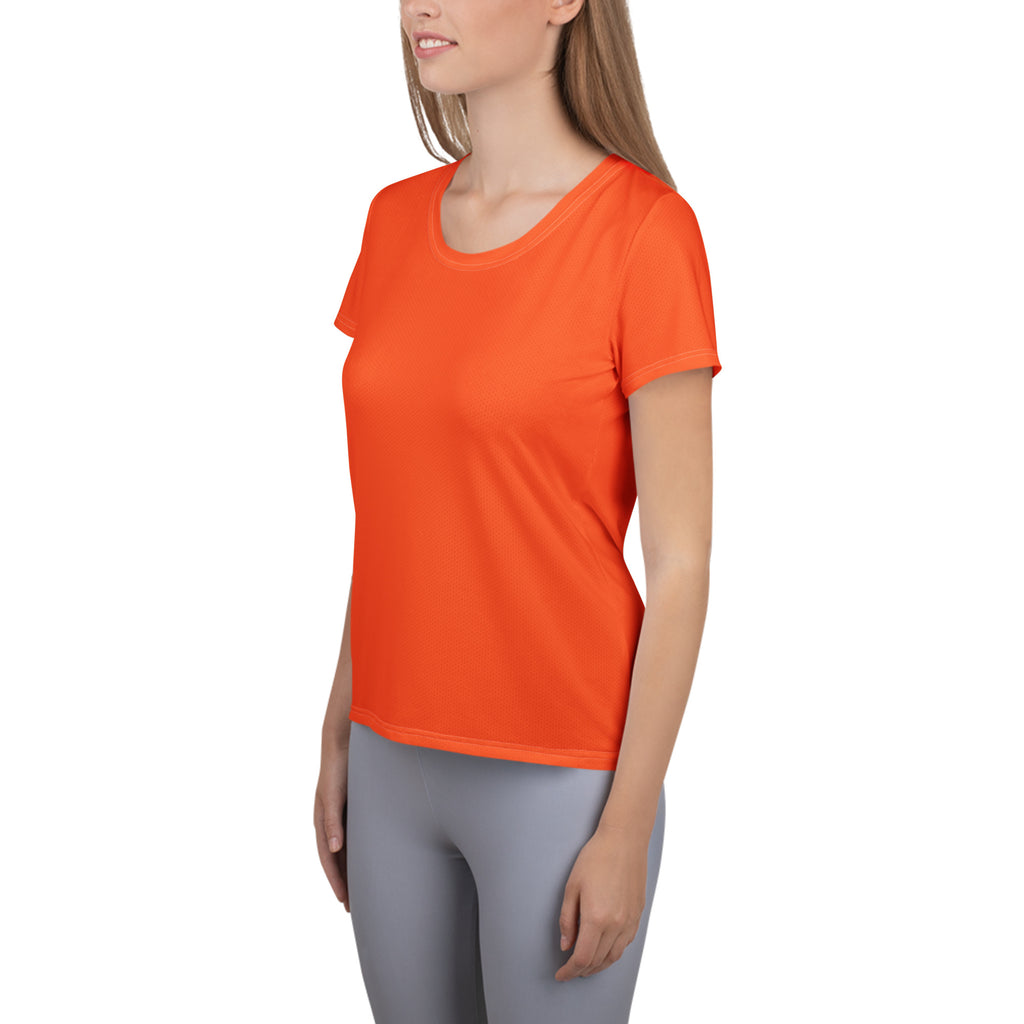 Bright orange women’s short-sleeved performance t-shirt with rounded neckline lightweight moisture wicking upf 50+