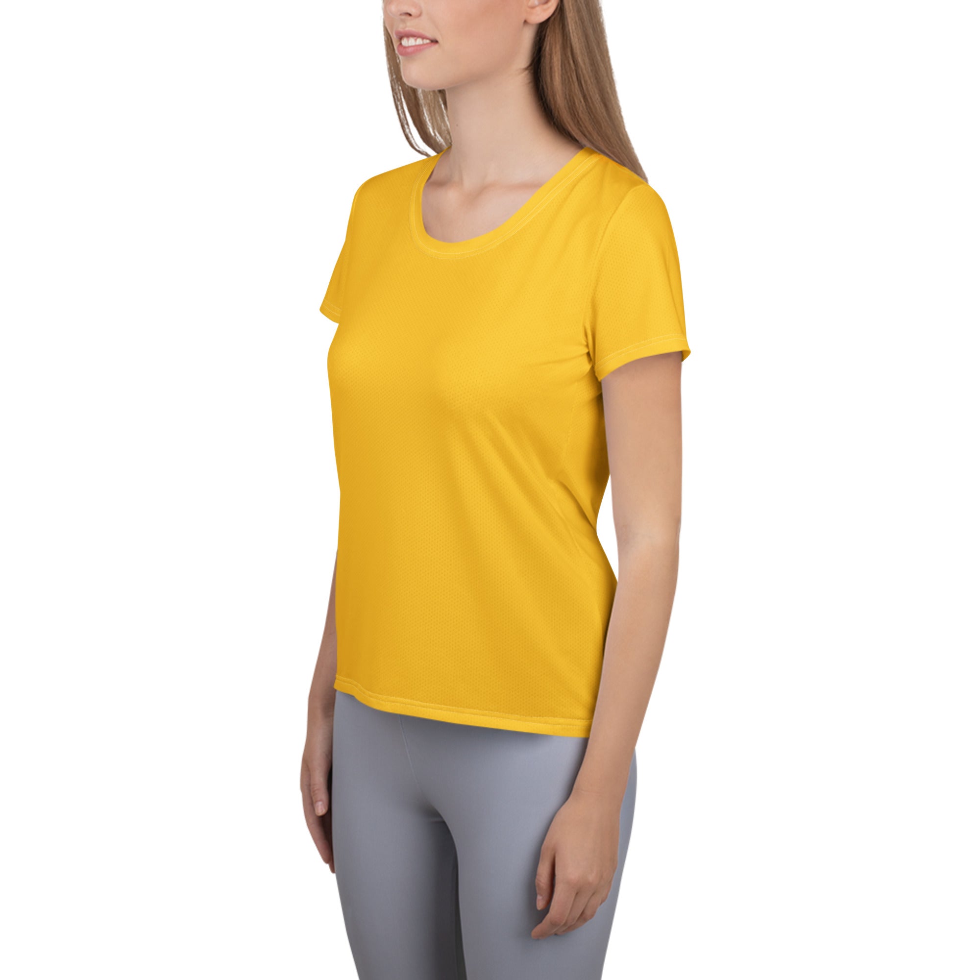 Bright yellow women’s short-sleeved performance athletic t-shirt with rounded neckline and moisture wicking fabric