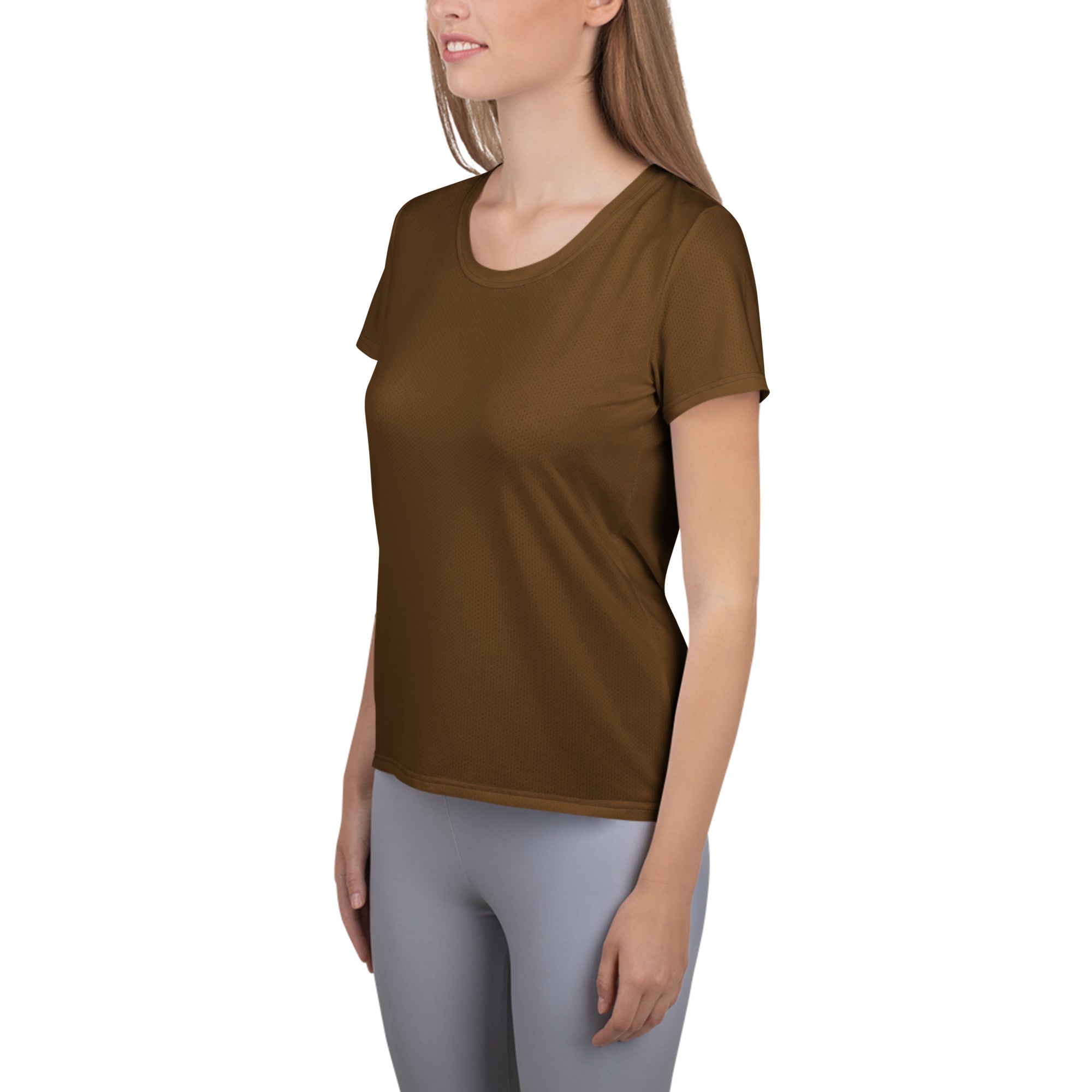 A soft solid brown women’s performance athletic t-shirt with rounded neckline lightweight moisture wicking fabric