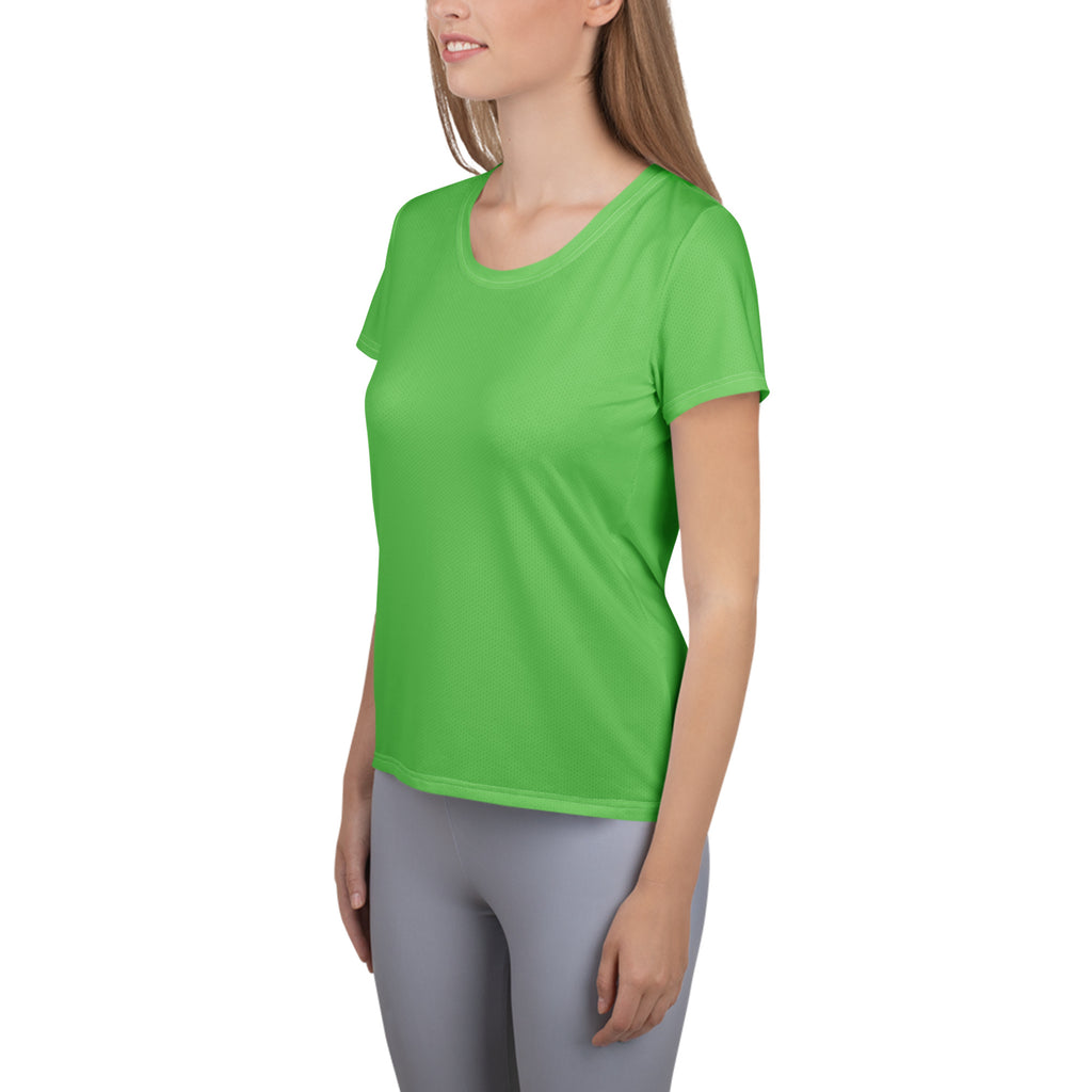 Bright green women’s performance athletic t-shirt with short sleeves rounded neckline lightweight moisture wicking fabric