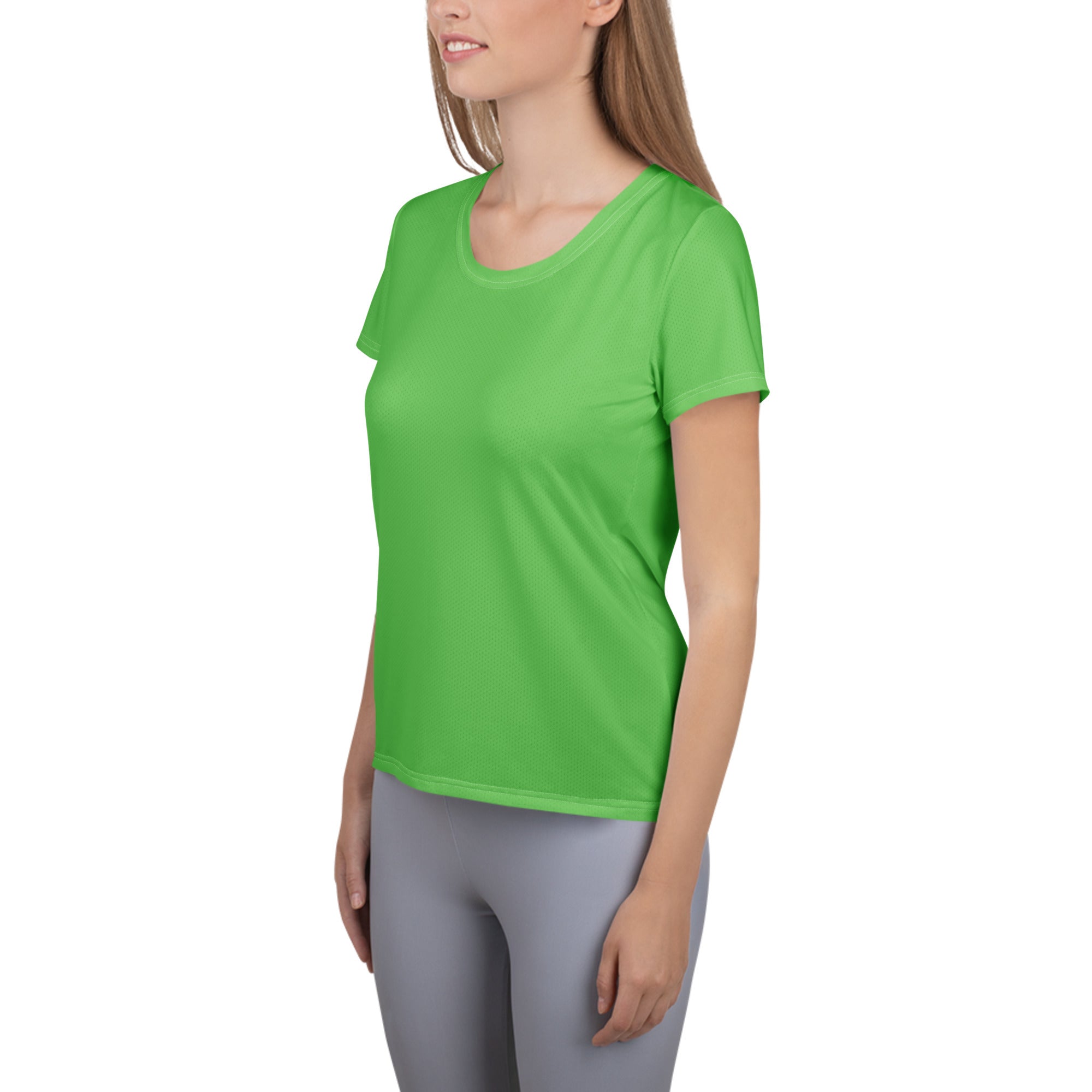 Bright green women’s performance athletic t-shirt with short sleeves rounded neckline lightweight moisture wicking fabric