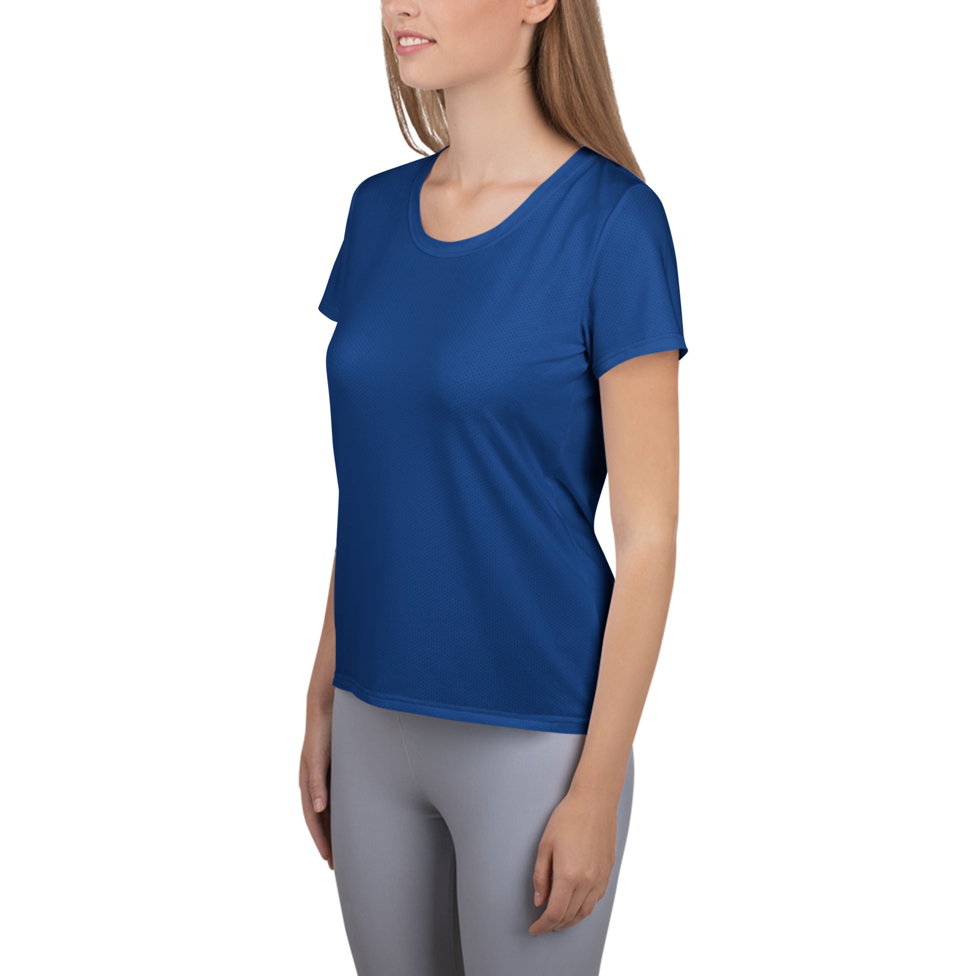 Women’s royal blue short-sleeved performance athletic t-shirt with rounded neckline for moisture wicking workouts